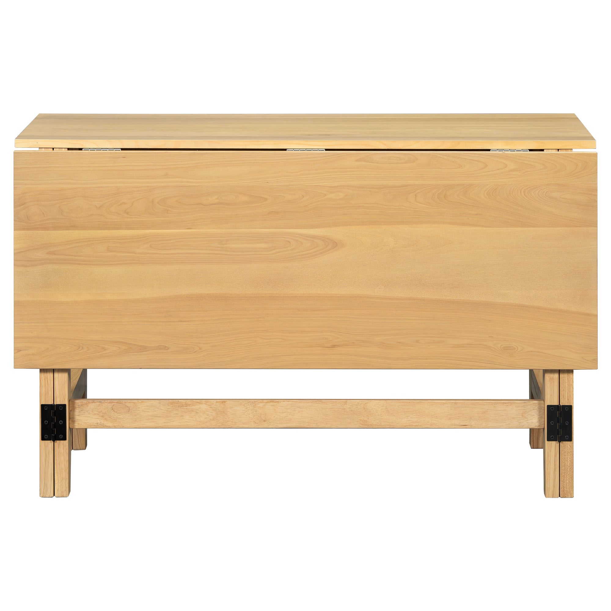 Natural wood farmhouse drop-leaf dining table fully open, angled front studio view