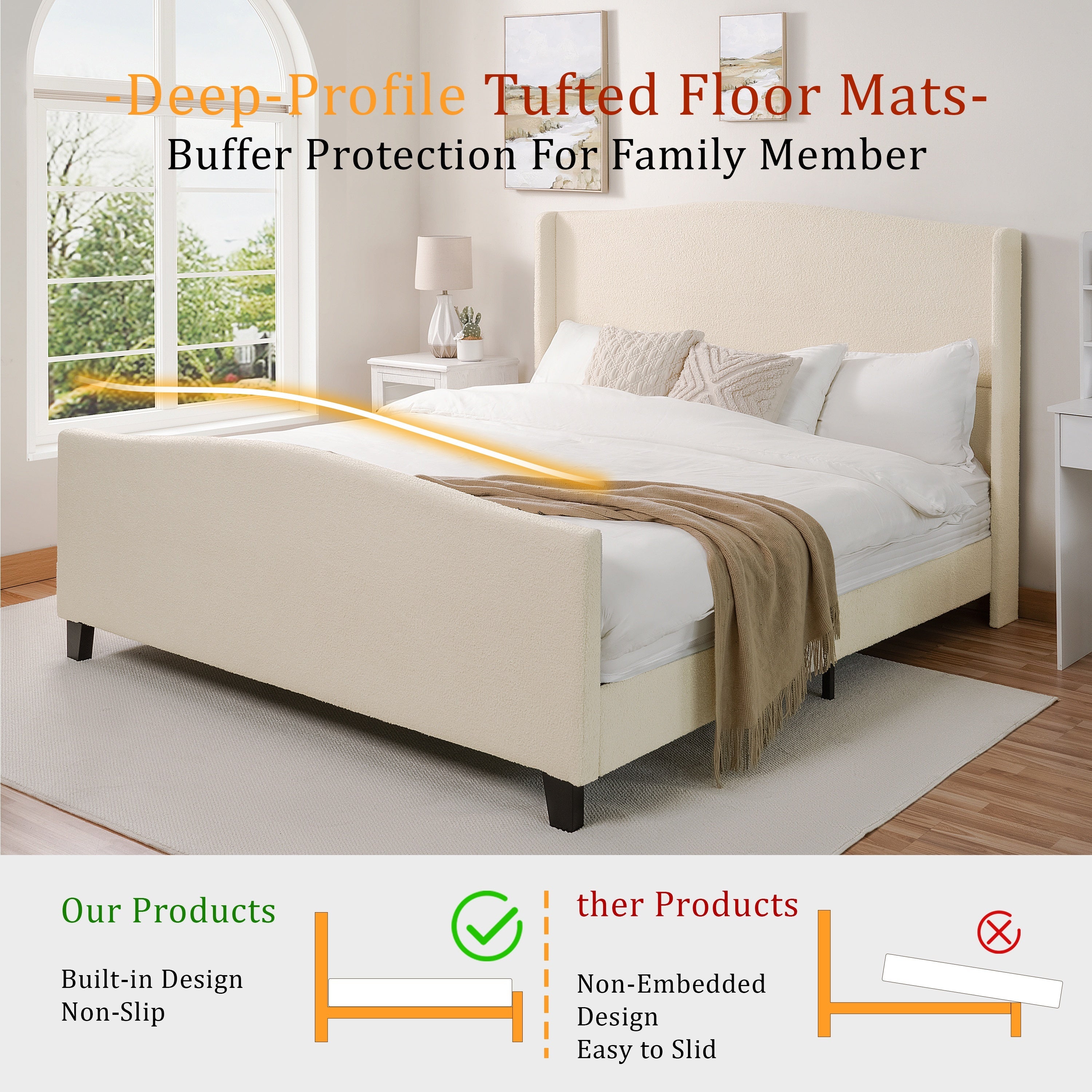 White teddy velvet king bed frame with folded throw blanket at the foot