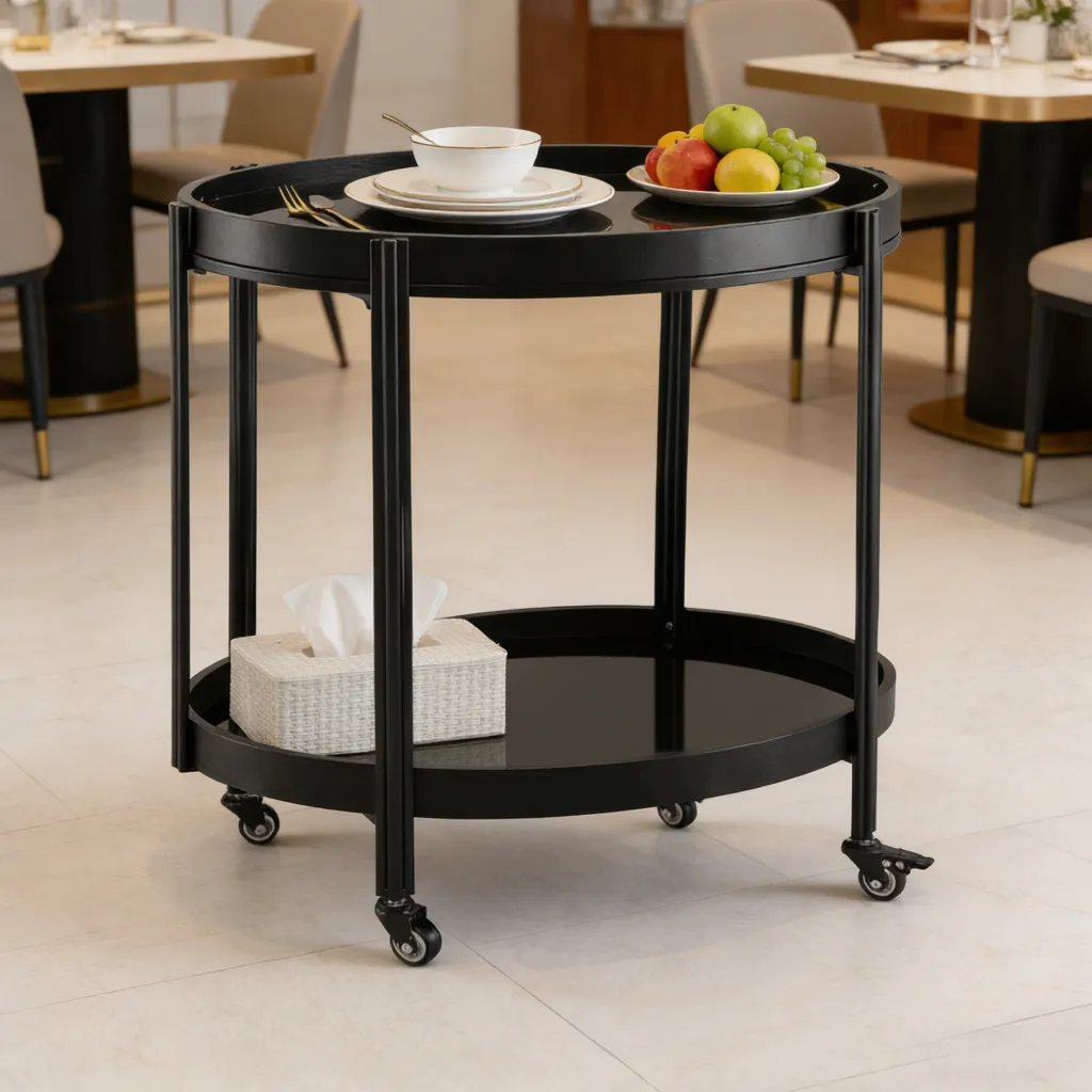 Oval Black Bar Cart, 2 Black Tempered Glass Shelves, Casters