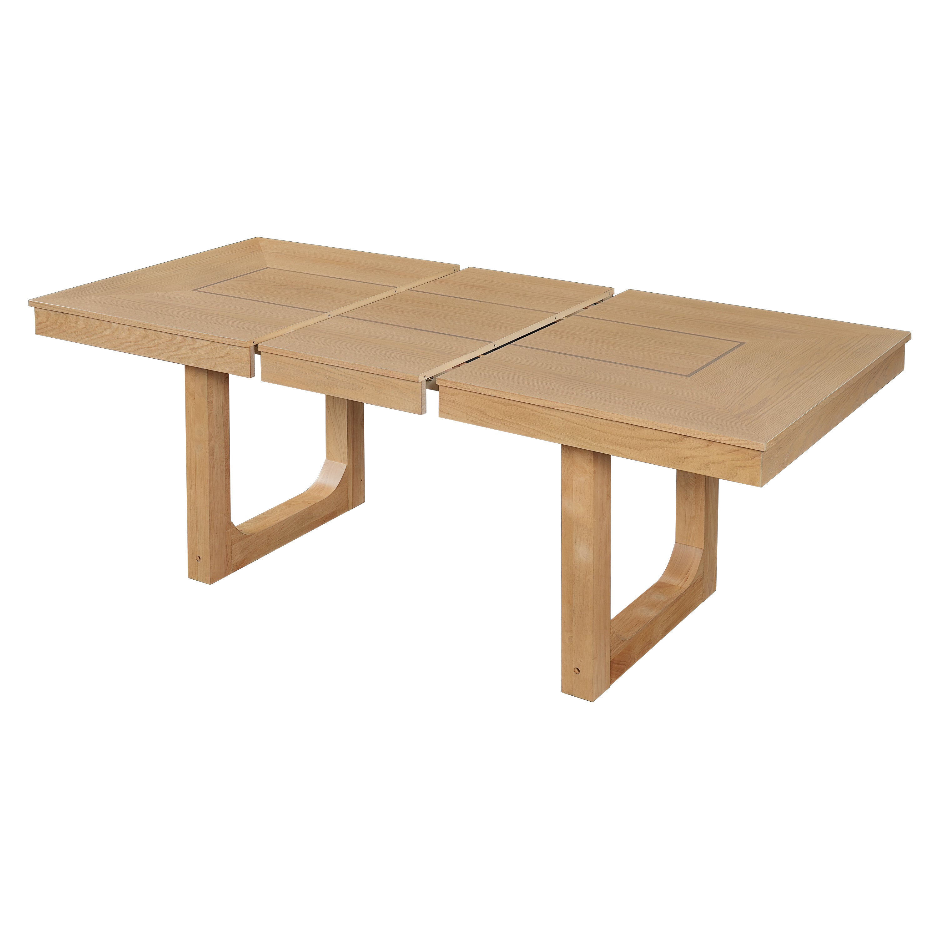 Studio view of the oak dining table pulled open with the removable center leaf displayed