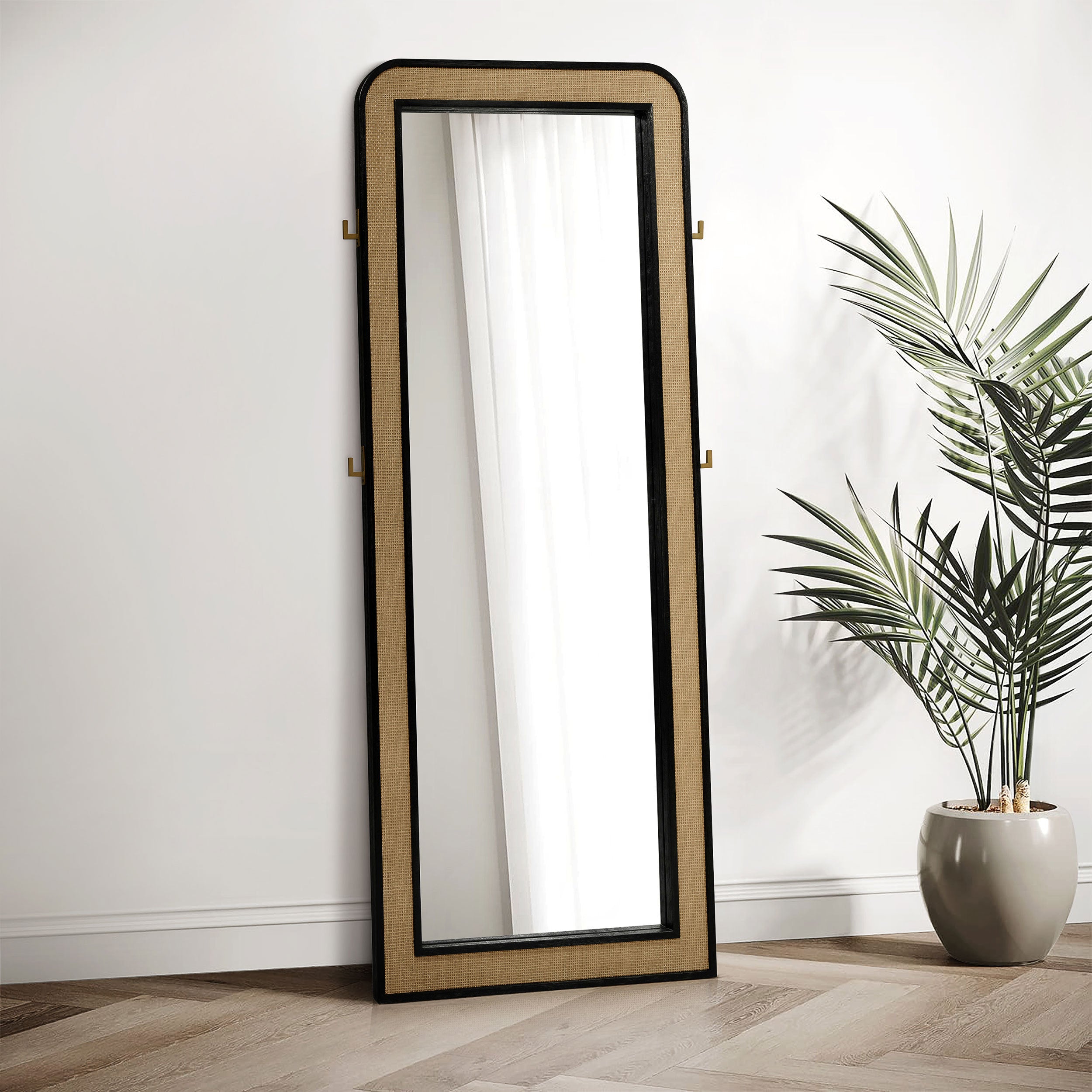 Cane Standing Mirror, 76 Inch Black Woven Frame