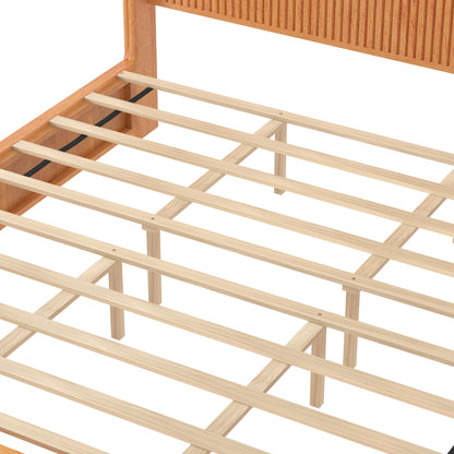 Close-up detail of headboard-to-frame connection on natural wood bed