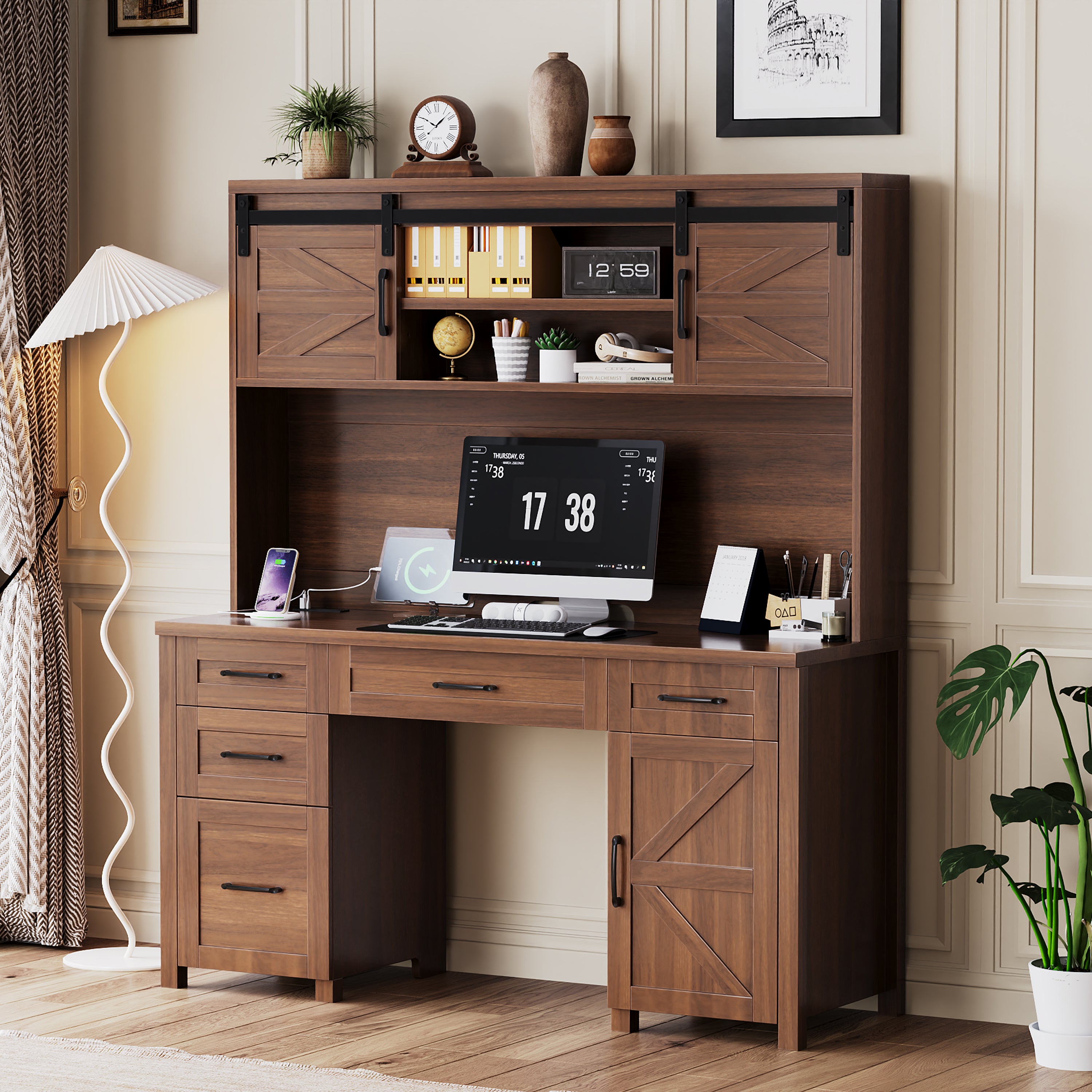 Farmhouse Computer Desk with Charging Station and Hutch, 61 in, Walnut