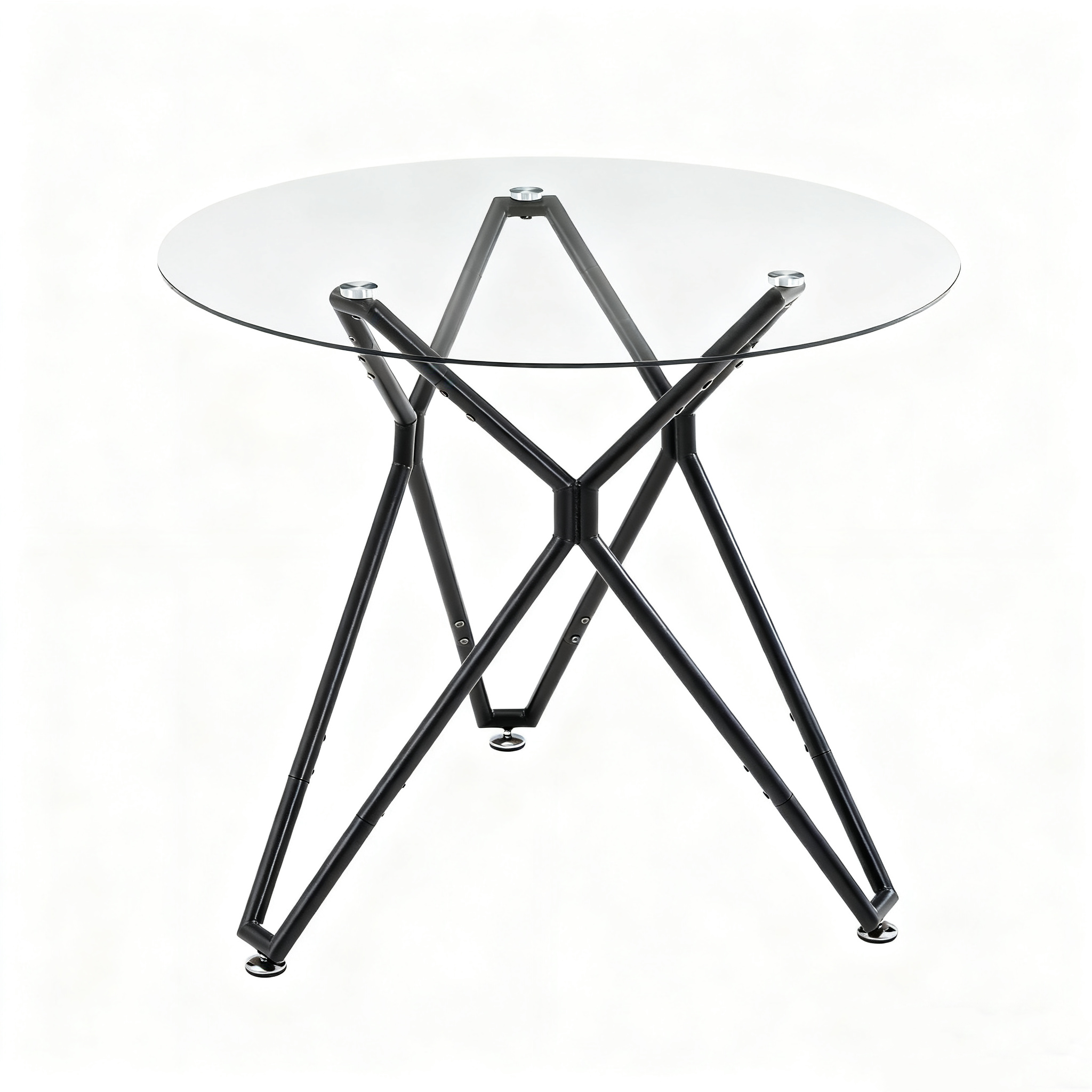 Round clear glass dining table on a black star-shaped metal base with chrome feet on a white background