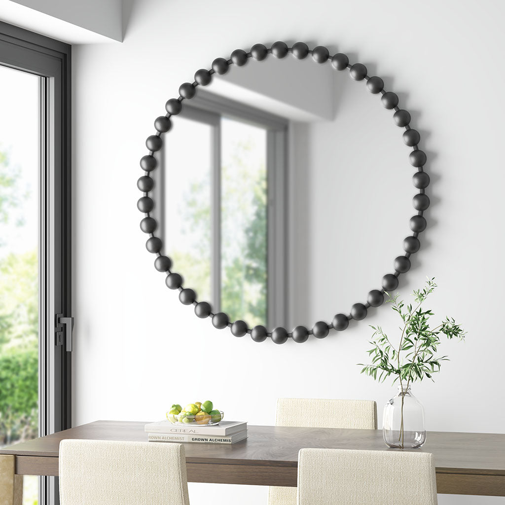 Beaded Round Mirror, 36 Inch Matte Black