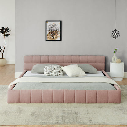 Pink chenille king bed frame viewed head-on with gray and cream bedding