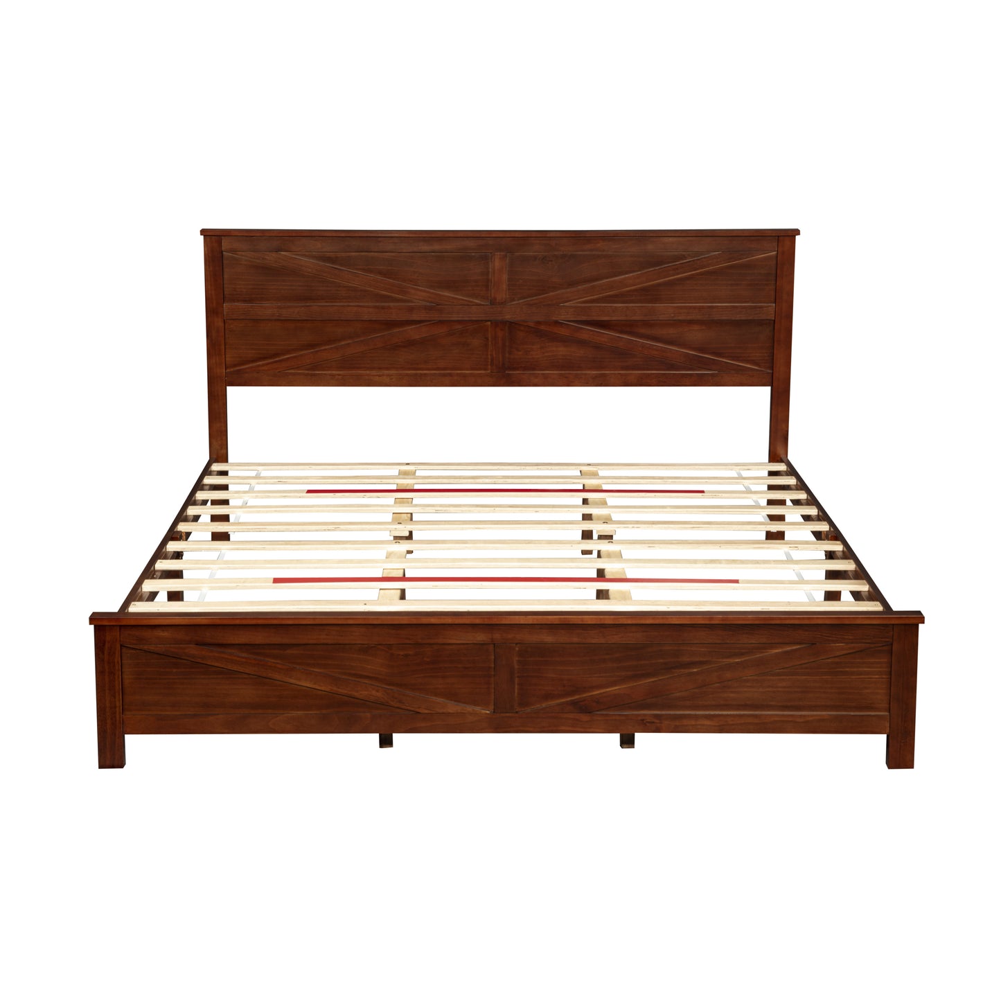 Close-up of corner leg and support bracket, farmhouse king bed frame