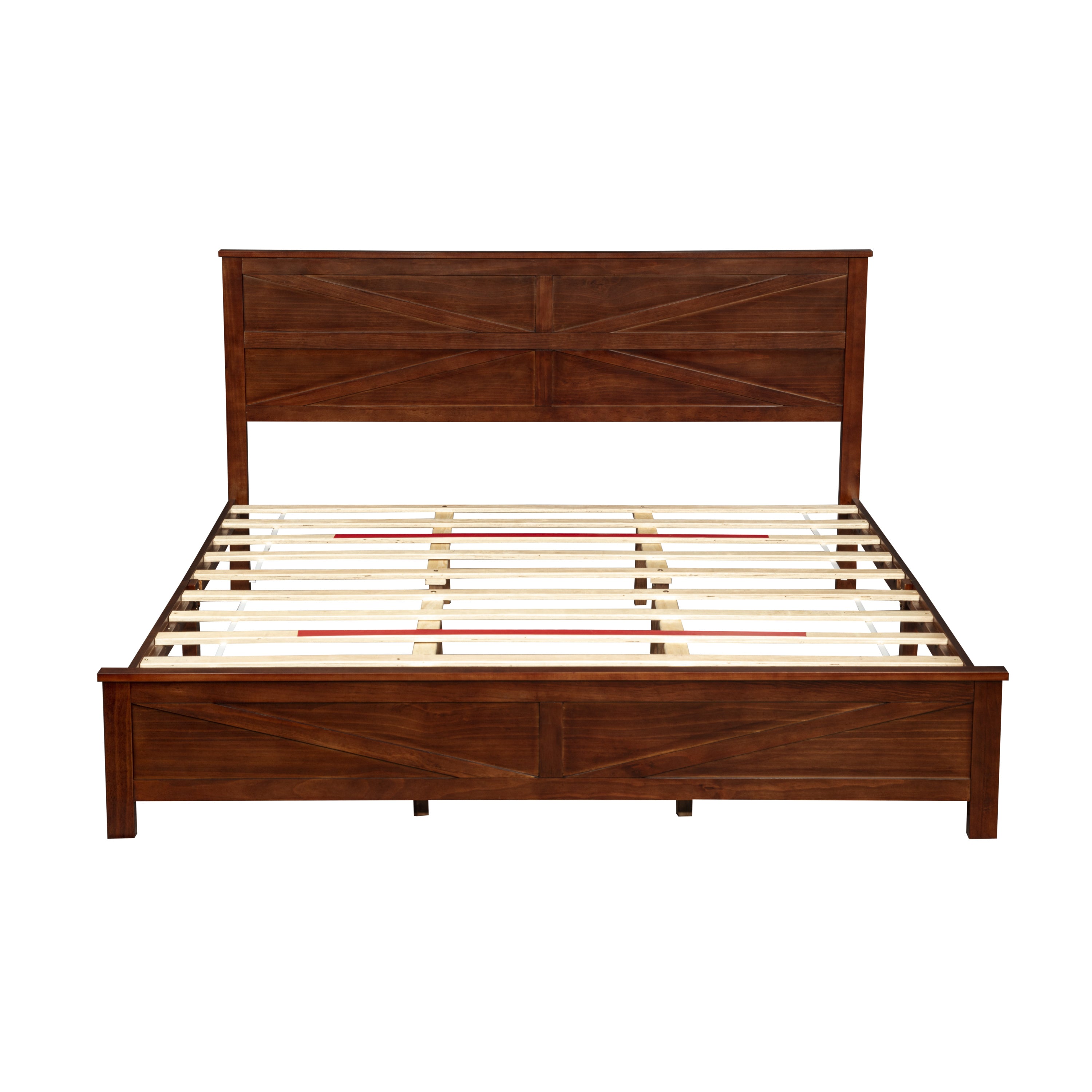 Close-up of corner leg and support bracket, farmhouse king bed frame