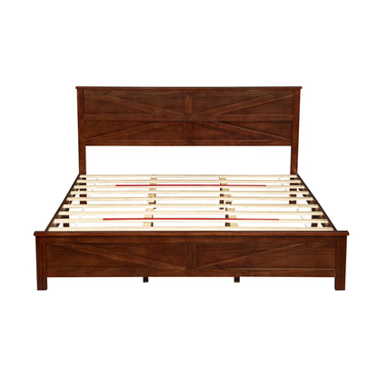 Close-up of corner leg and support bracket, farmhouse king bed frame