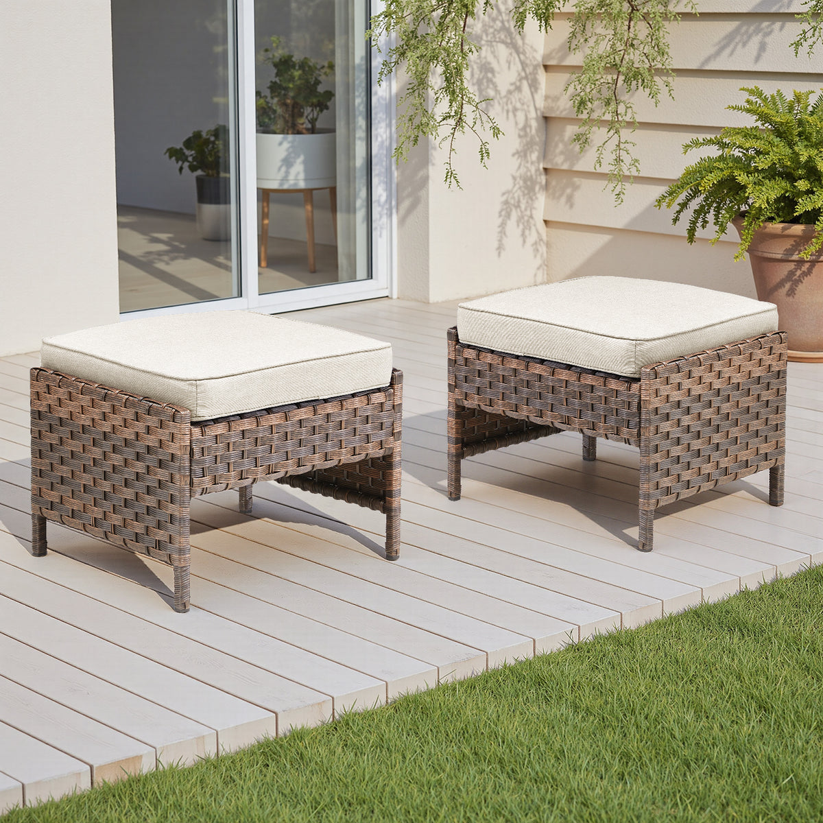 Wicker Outdoor Ottoman with Beige Cushions, Set of 2, 14.4 in Tall