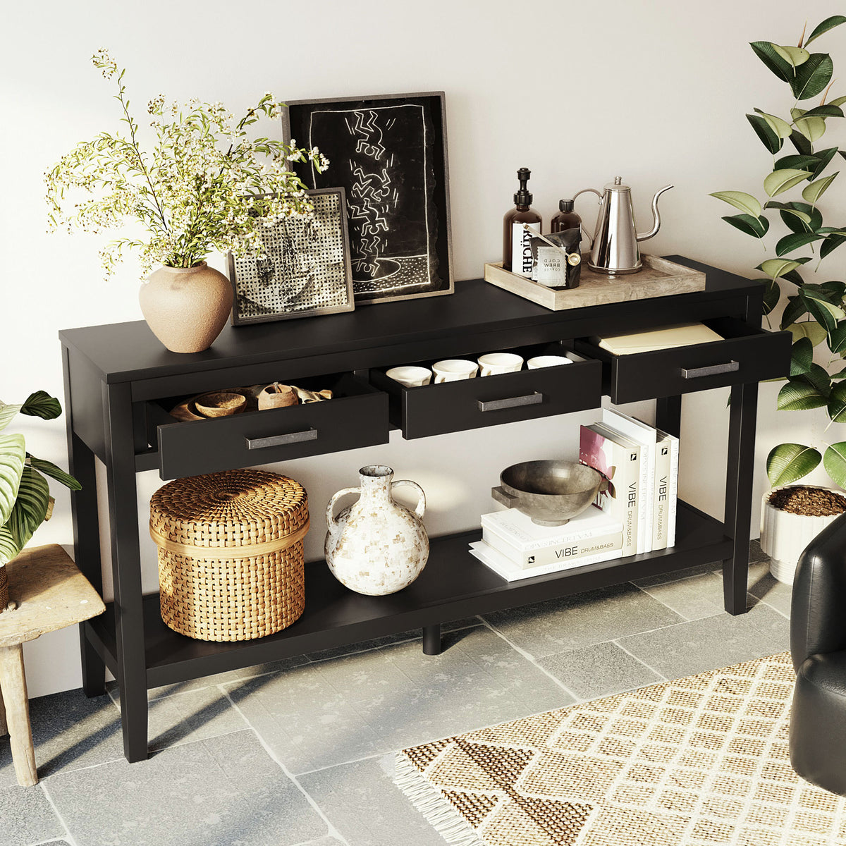 Black Entryway Console Table, 3 Drawers, 59.1 in Wide