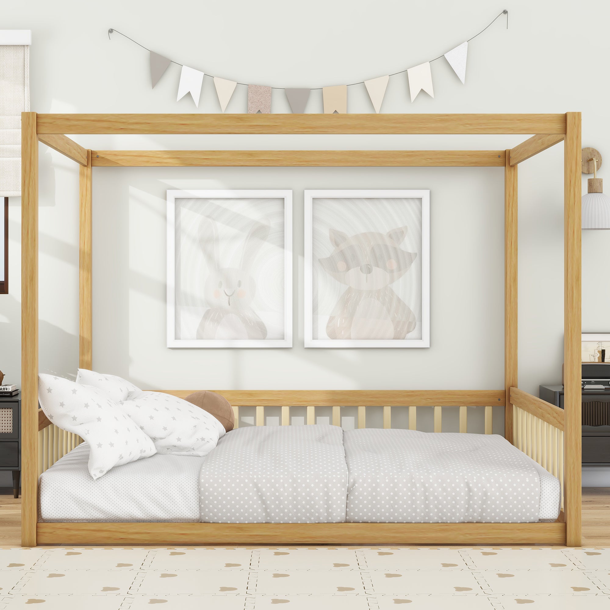 Full Size Canopy Floor Bed with Guardrails, Natural Wood