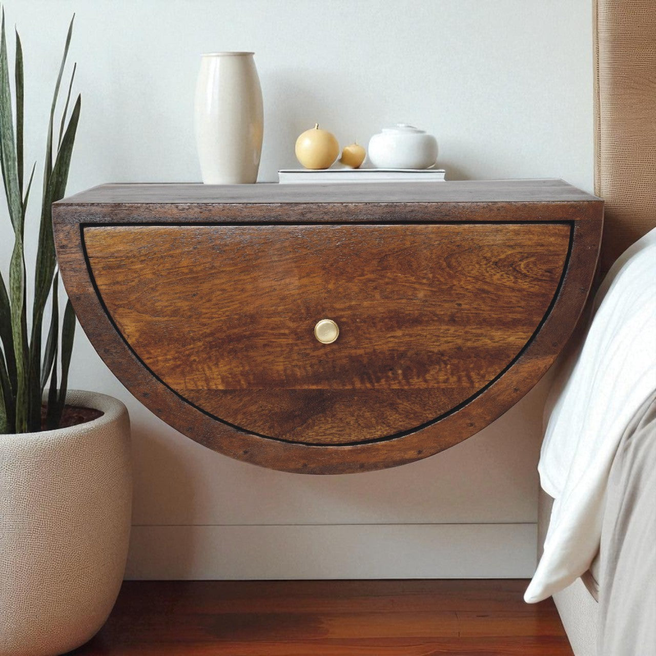 Floating Nightstand, Solid Mango Wood, 1 Drawer, Chestnut