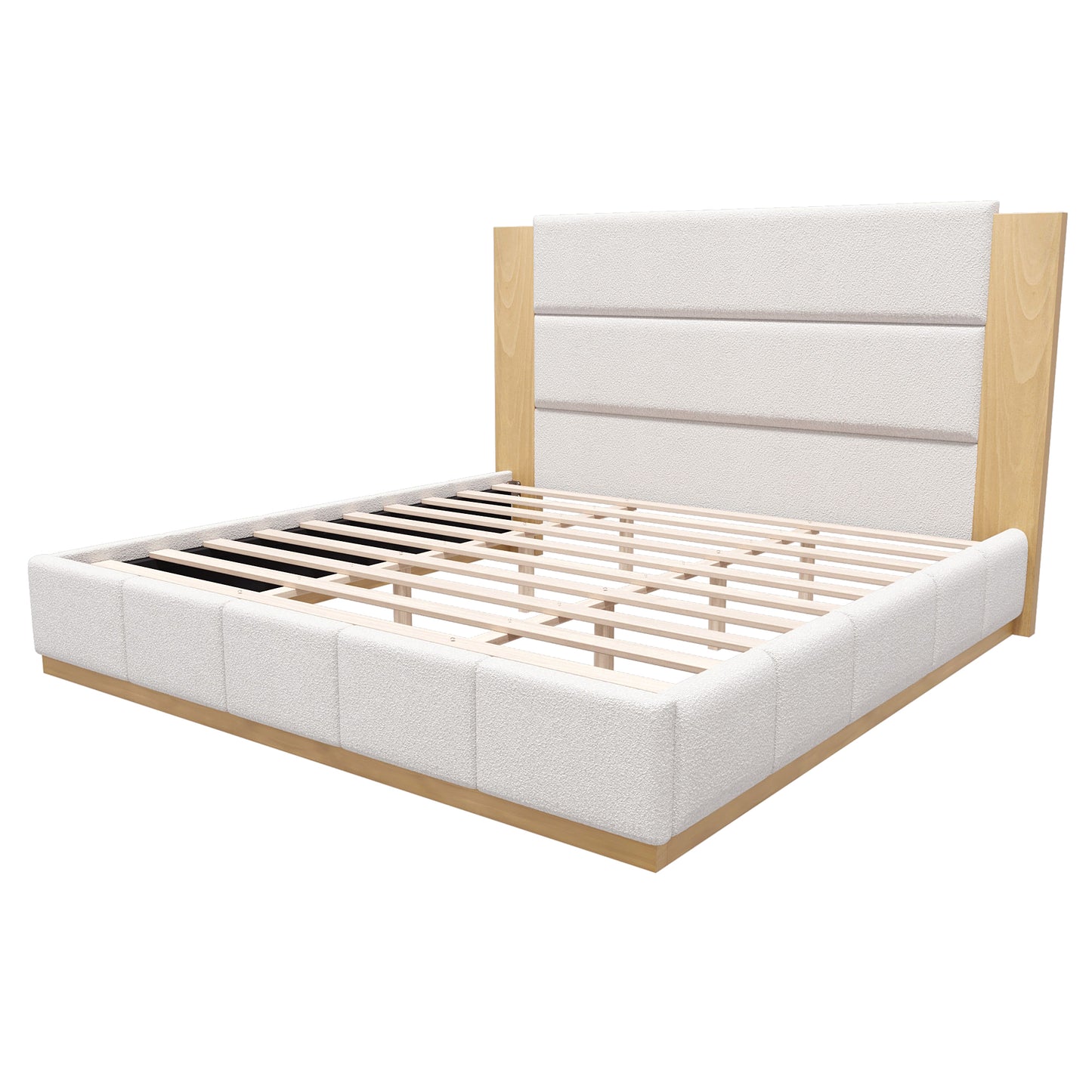 Close-up of white boucle headboard corner and horizontal wood band