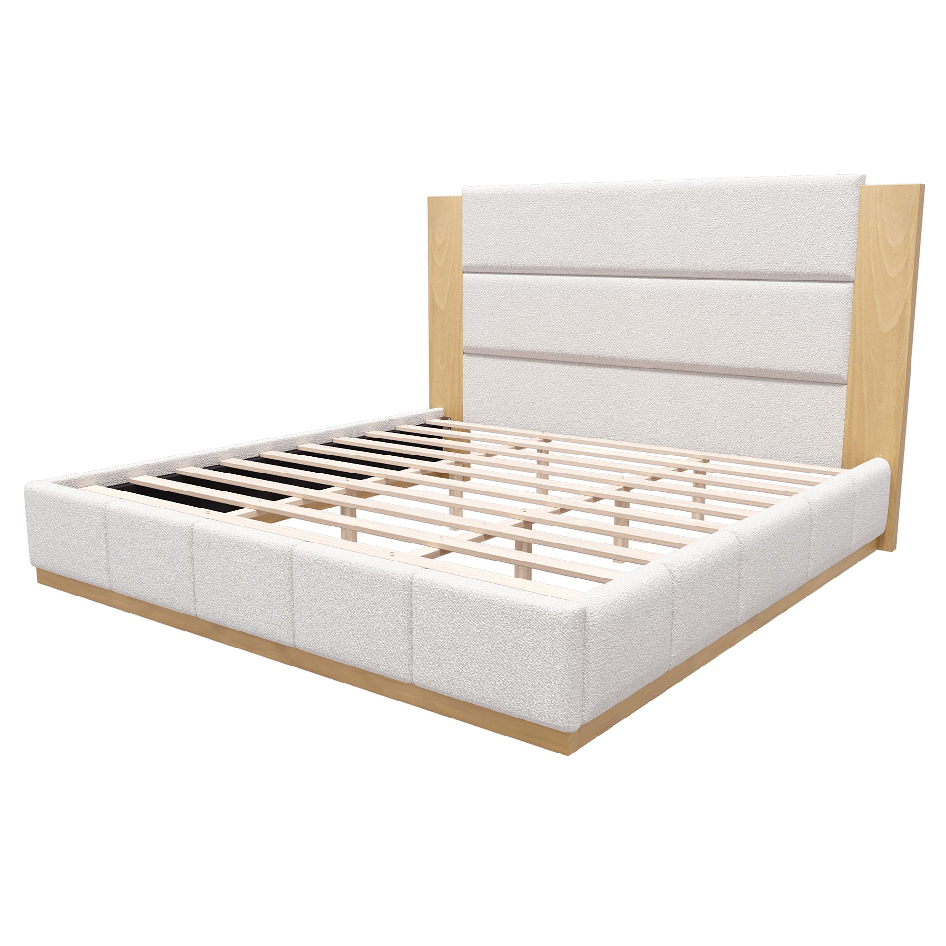 Close-up of white boucle headboard corner and horizontal wood band