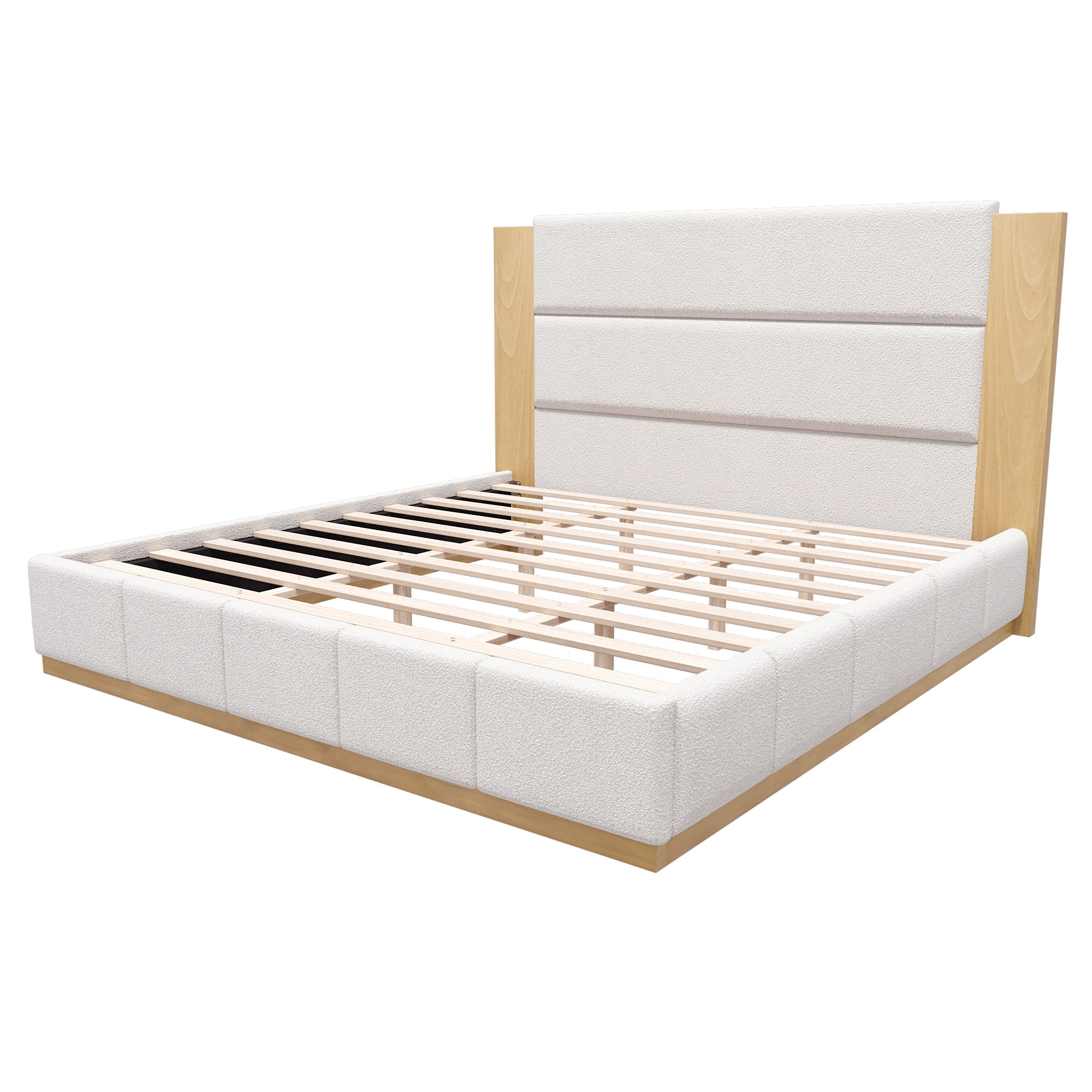 Close-up of white boucle headboard corner and horizontal wood band