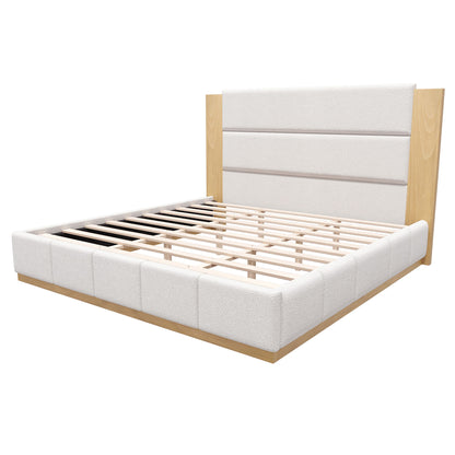 Close-up of white boucle headboard corner and horizontal wood band