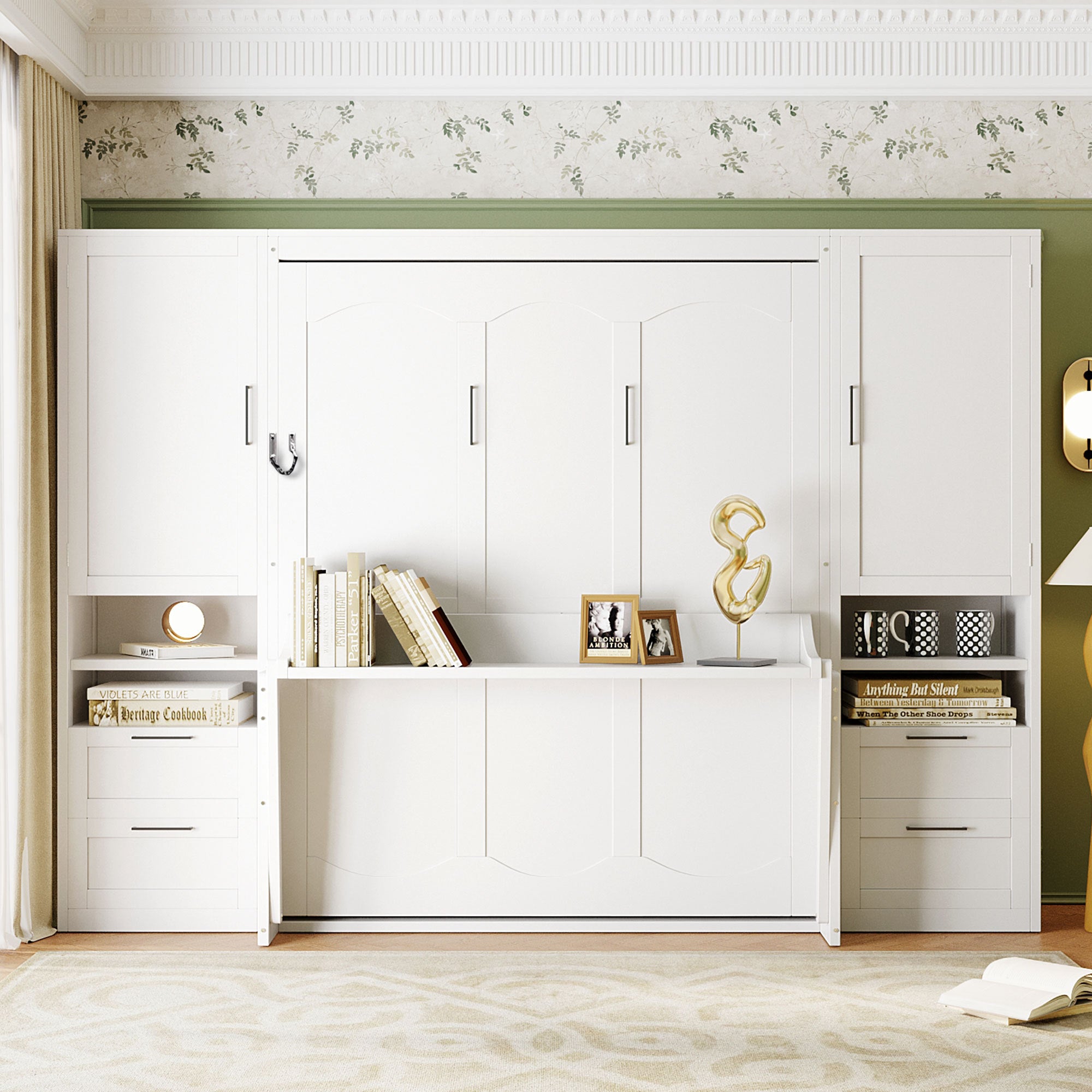 Queen Murphy Bed with Wardrobe, Drawers & Under-Bed Shelf, White