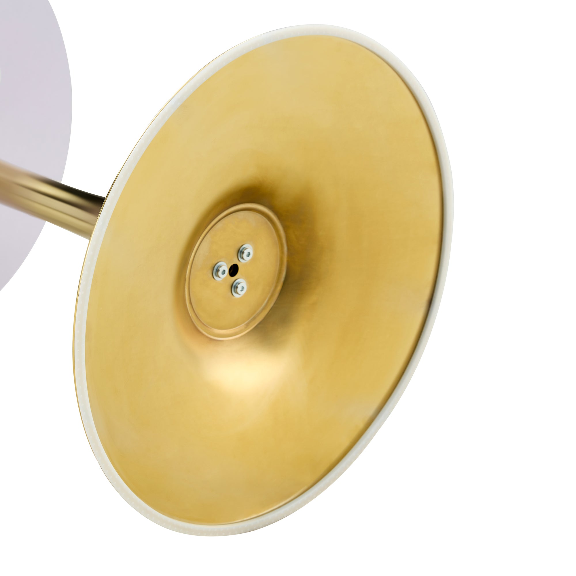 Close-up of the underside of the gold base disc showing the mounting plate and bolts