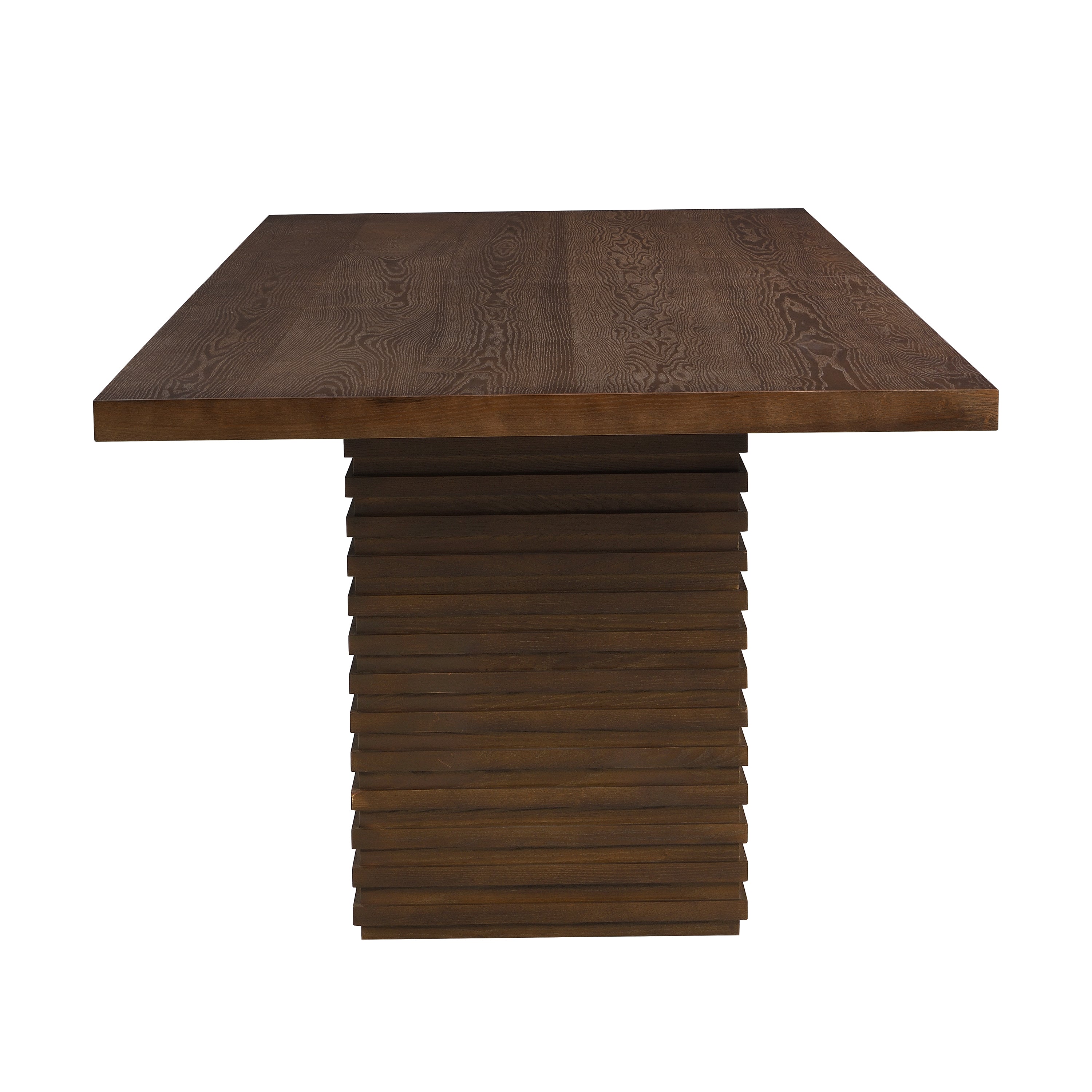End view of the walnut double-pedestal dining table showing a stacked-slat base, white background