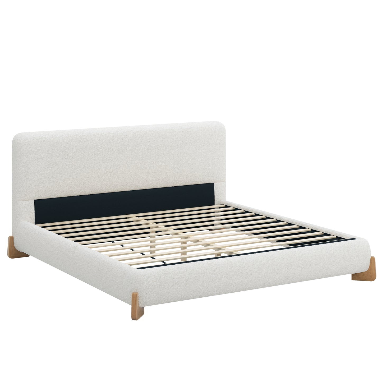 White boucle king bed frame with angled wood feet, three-quarter angle view