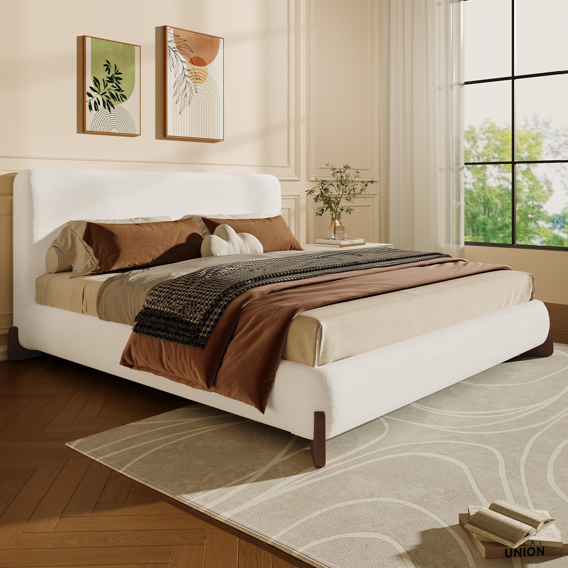 White bouclé king bed frame styled in a bedroom with brown throw pillows