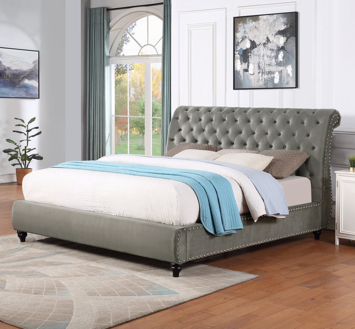 Gray Velvet King Sleigh Bed with Tufted Headboard