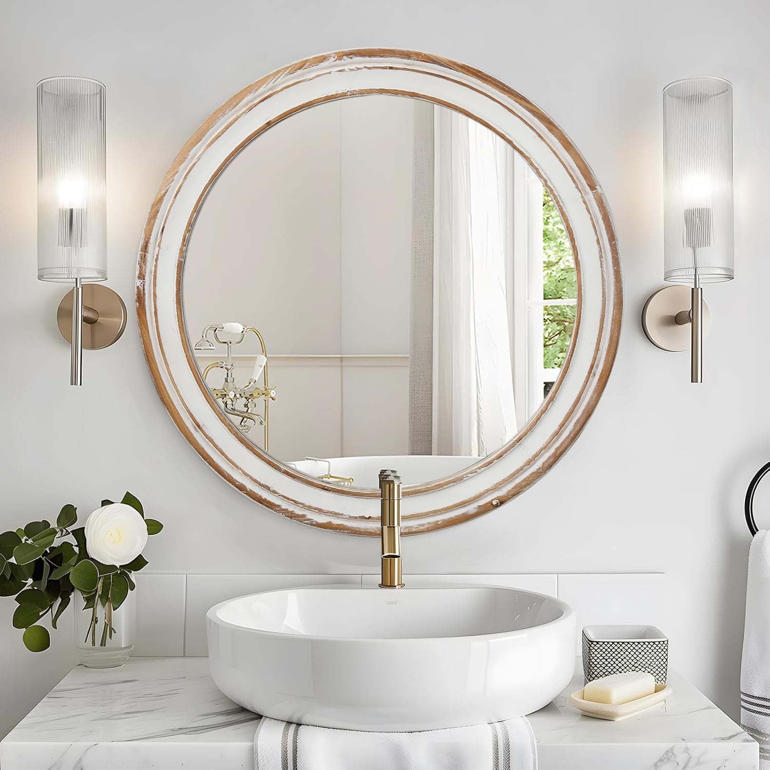 Round Vanity Mirror with Distressed Whitewash Frame, 23.6 In