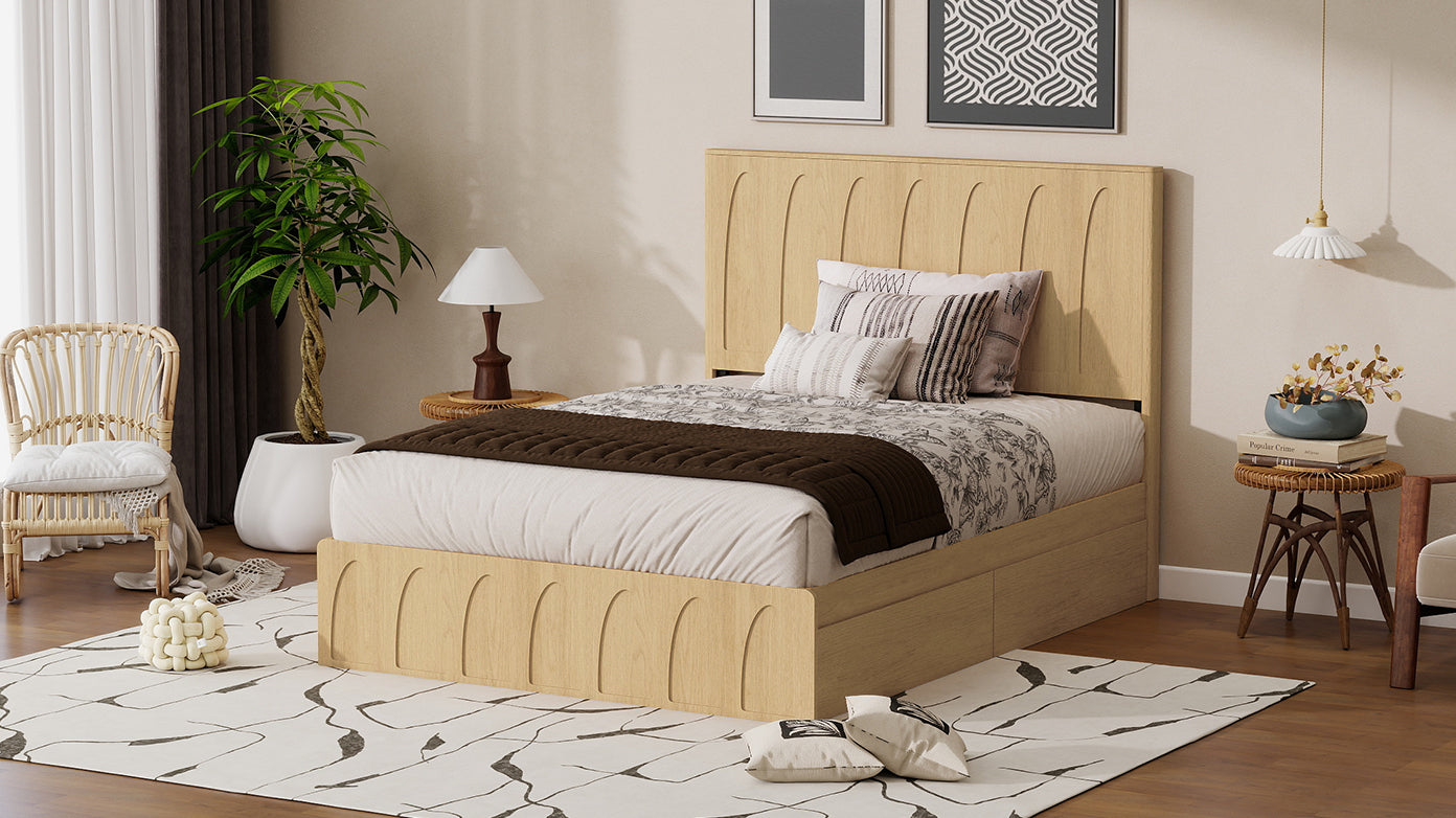 Side-angle view of the light oak queen bed with drawers closed, arched groove headboard and footboard #Color_Oak