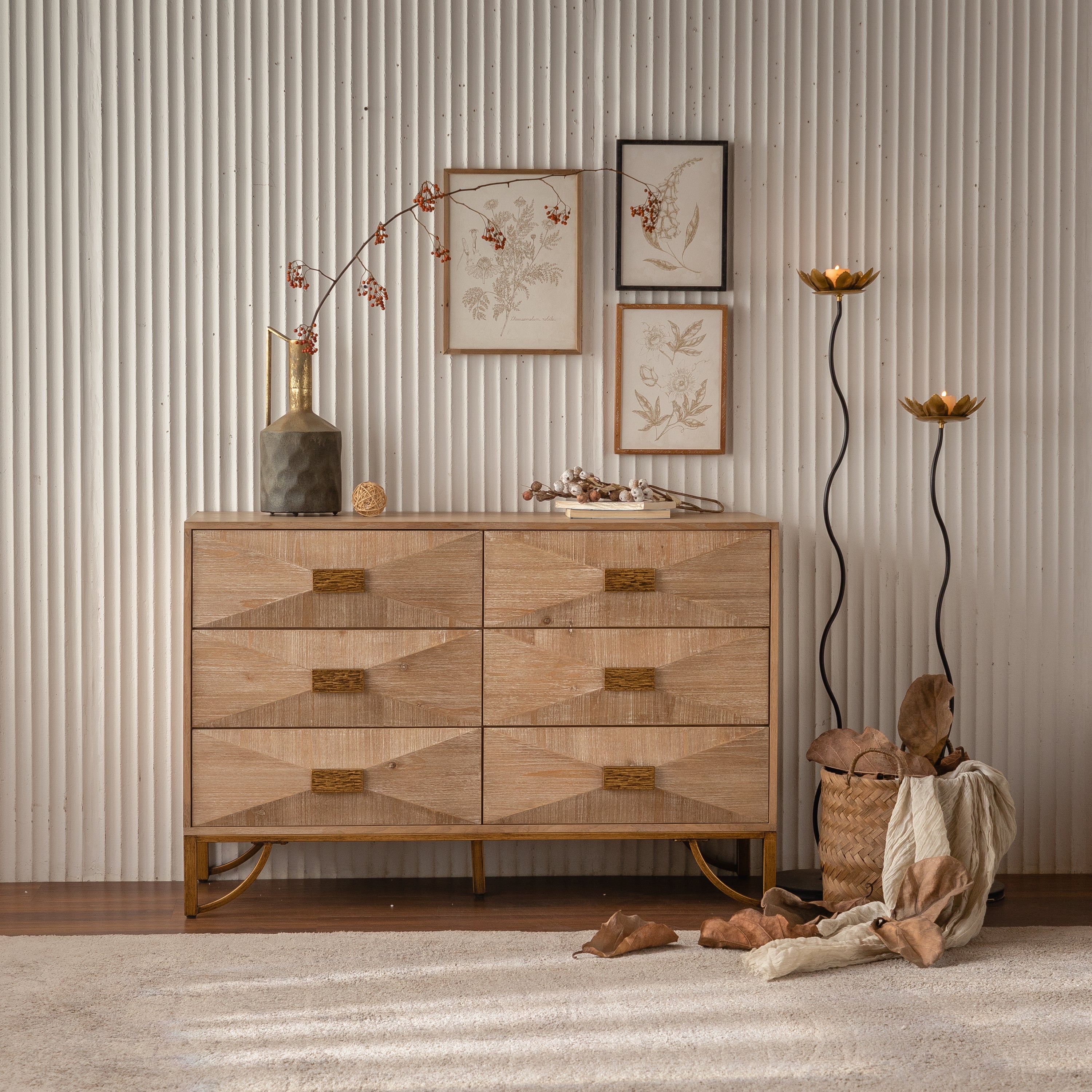 6 Drawer Dresser with Gold Metal Legs, Geometric Fronts, Light Wood