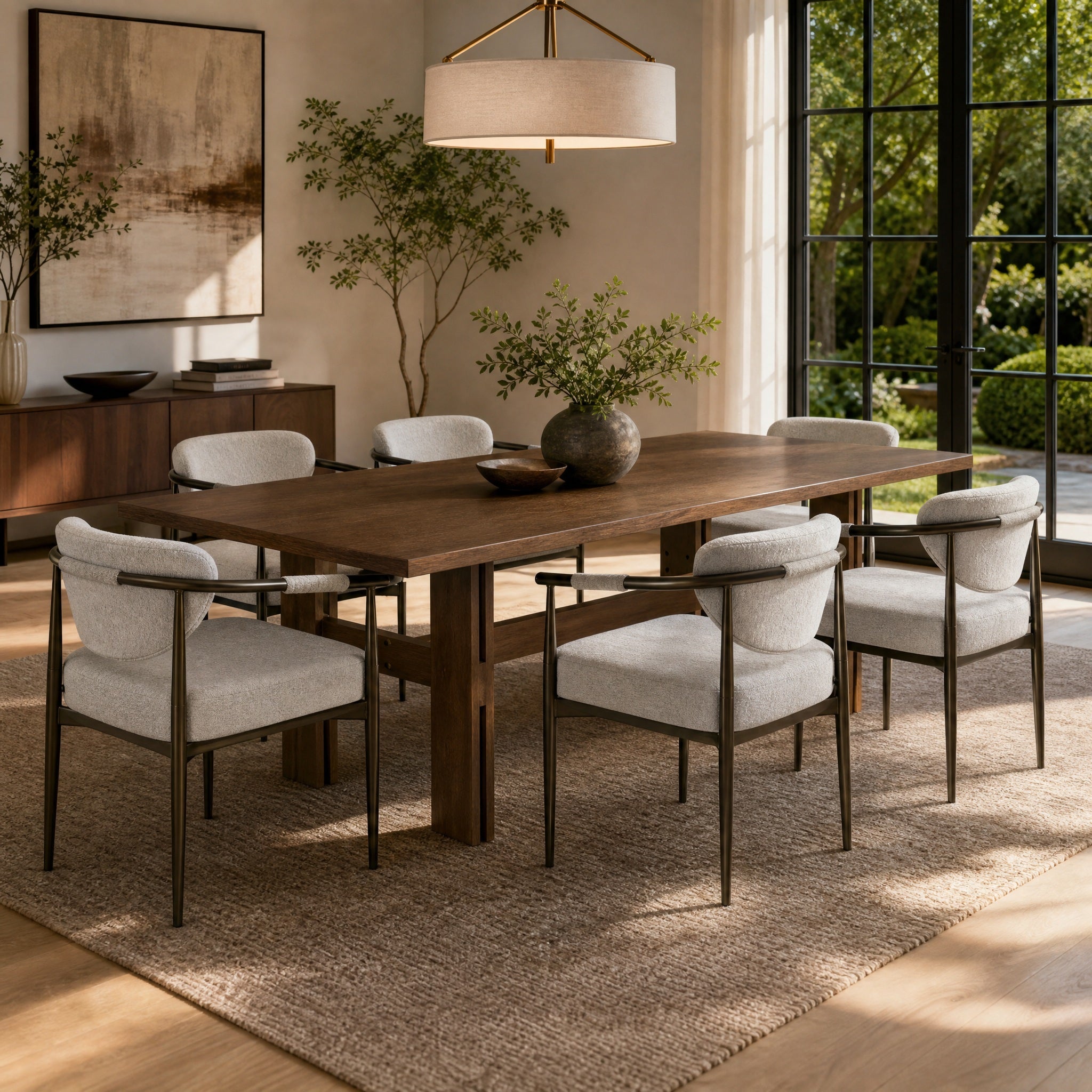 7-Piece Dining Set for 6, Walnut Table and 6 Cream Upholstered Chairs