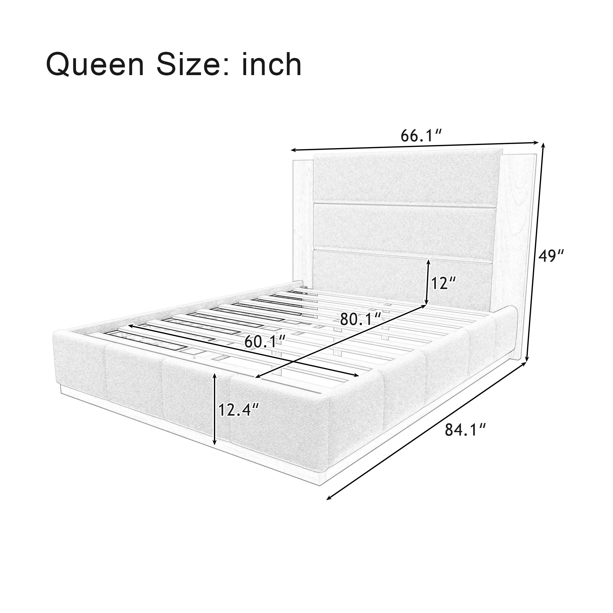 Dimension diagram of the queen upholstered bed frame: 84.1 in long, 66.1 in wide, 49 in tall headboard #Color_Grey Velvet