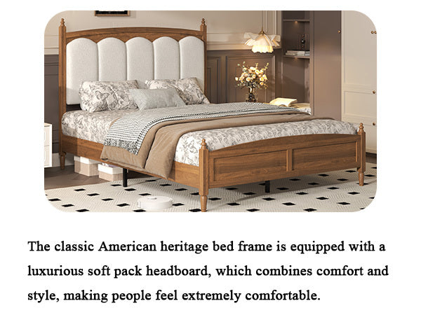 Front-angle styled view of the vintage queen bed frame with cream soft headboard and wood footboard