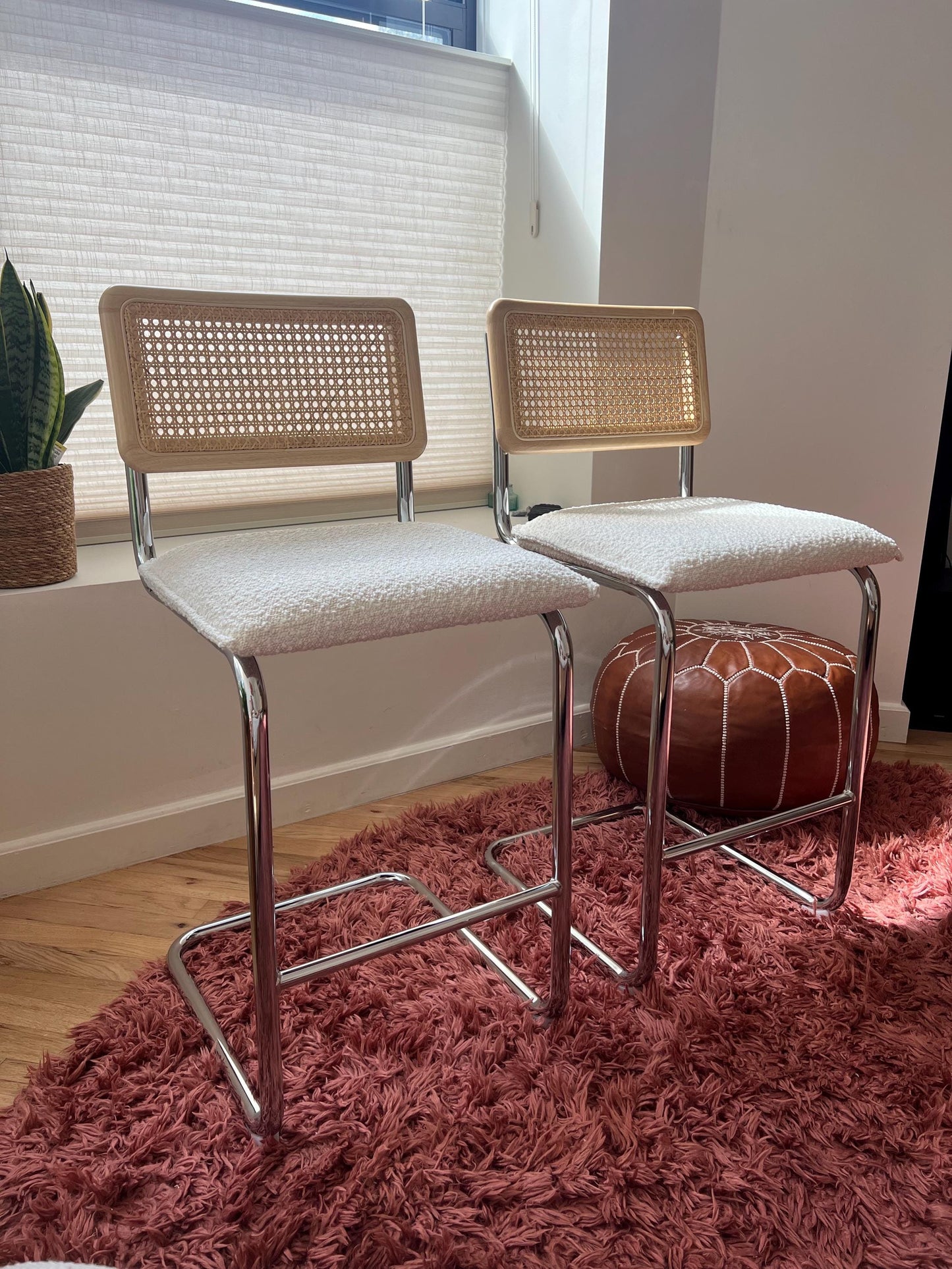 Midcentury Modern Counter Stools Set of 2 – Rattan & Stainless Steel