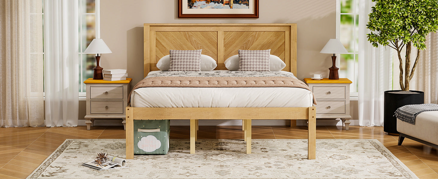 Wide front view of the oak queen platform bed frame with two chevron wood headboard panels between nightstands