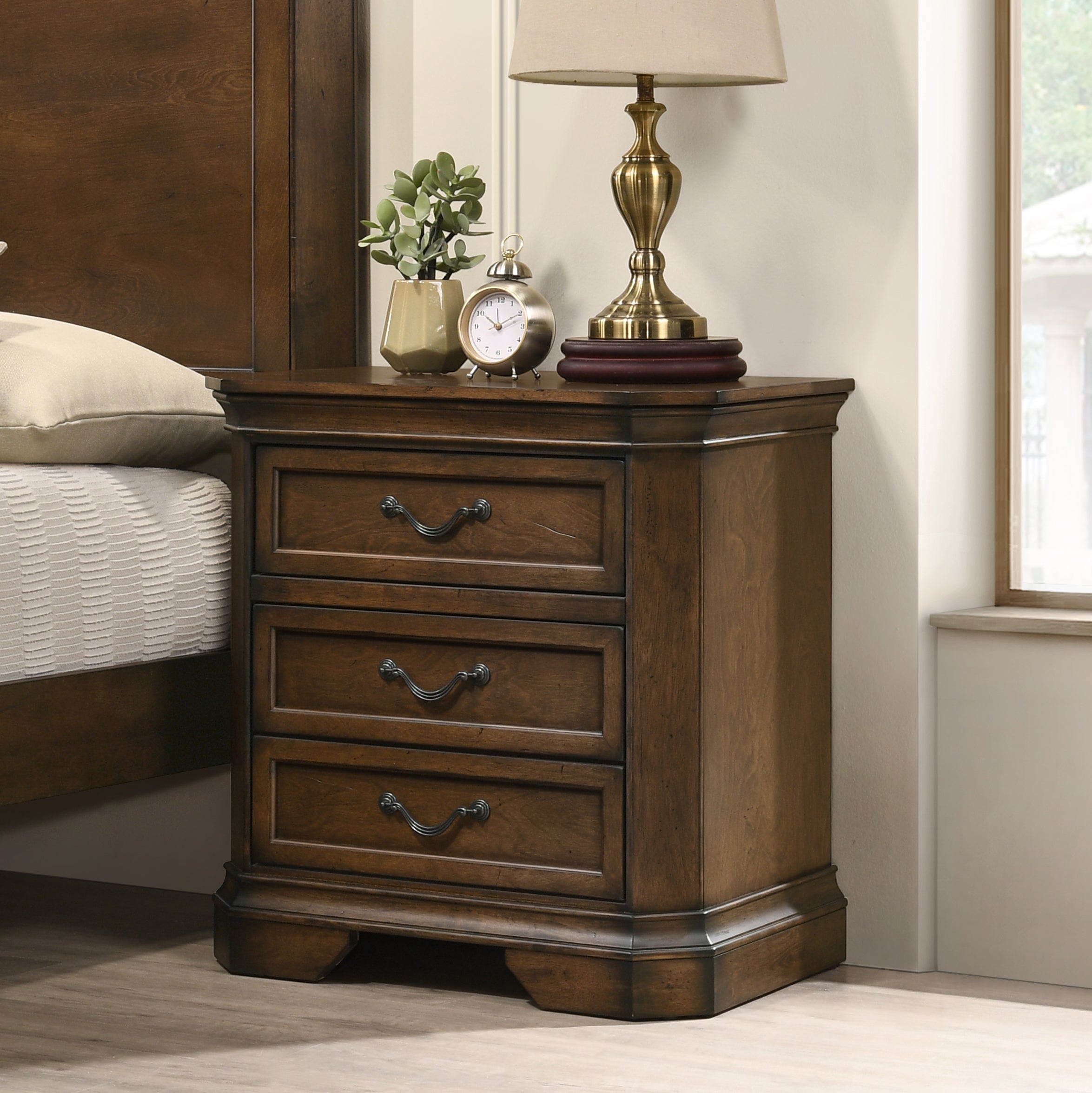Traditional 3-Drawer Nightstand, Antique Walnut Finish