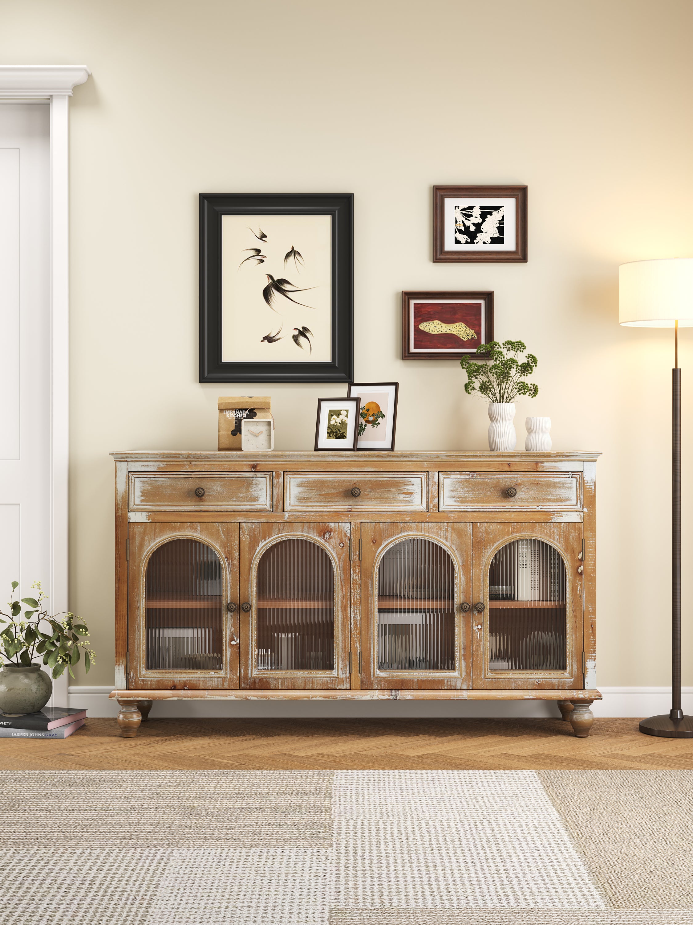 Farmhouse Glass-Door Sideboard 59 in, Distressed Brown, 3 Drawers