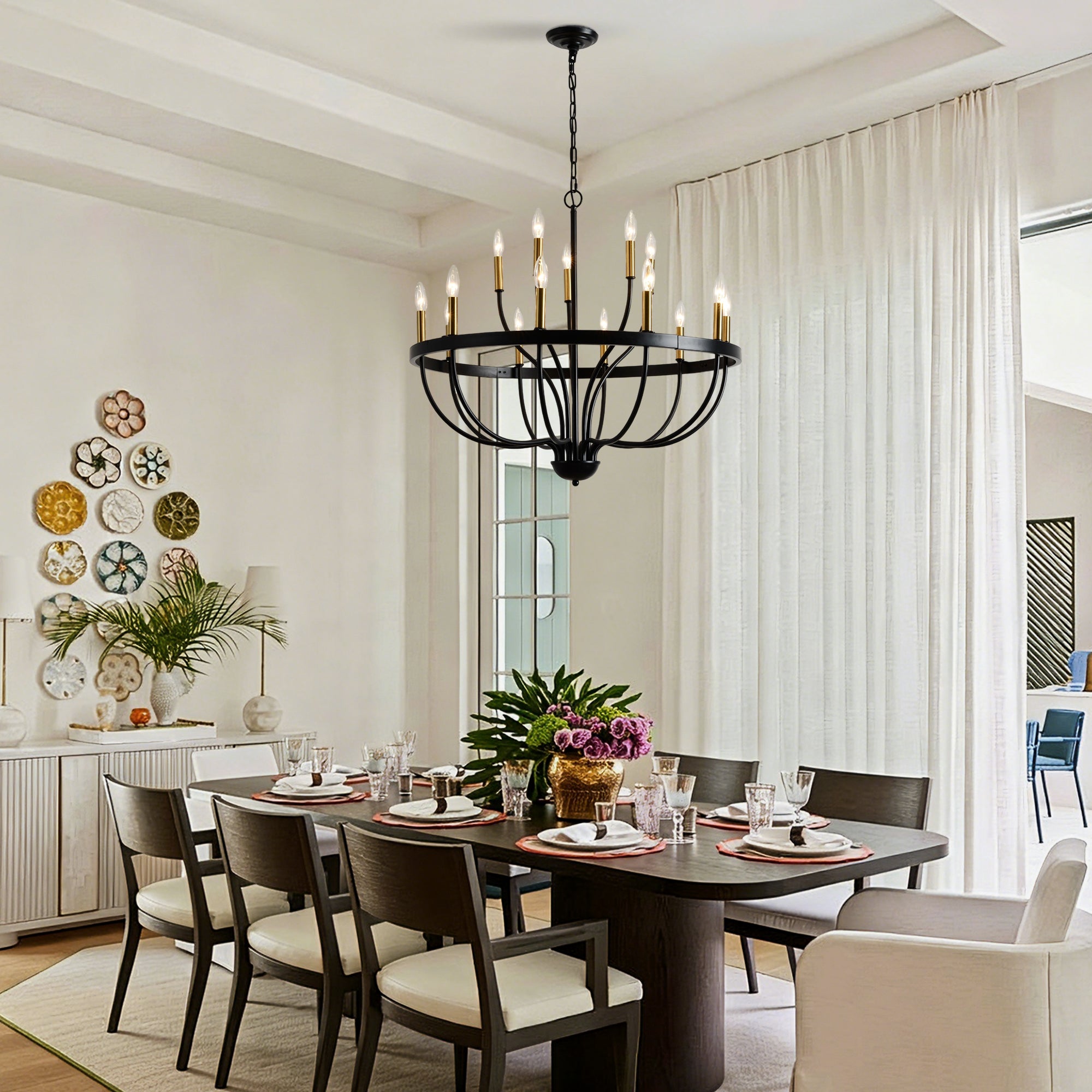 Chandelier, 15-Light Farmhouse Metal Candle-Style, Gold and Black