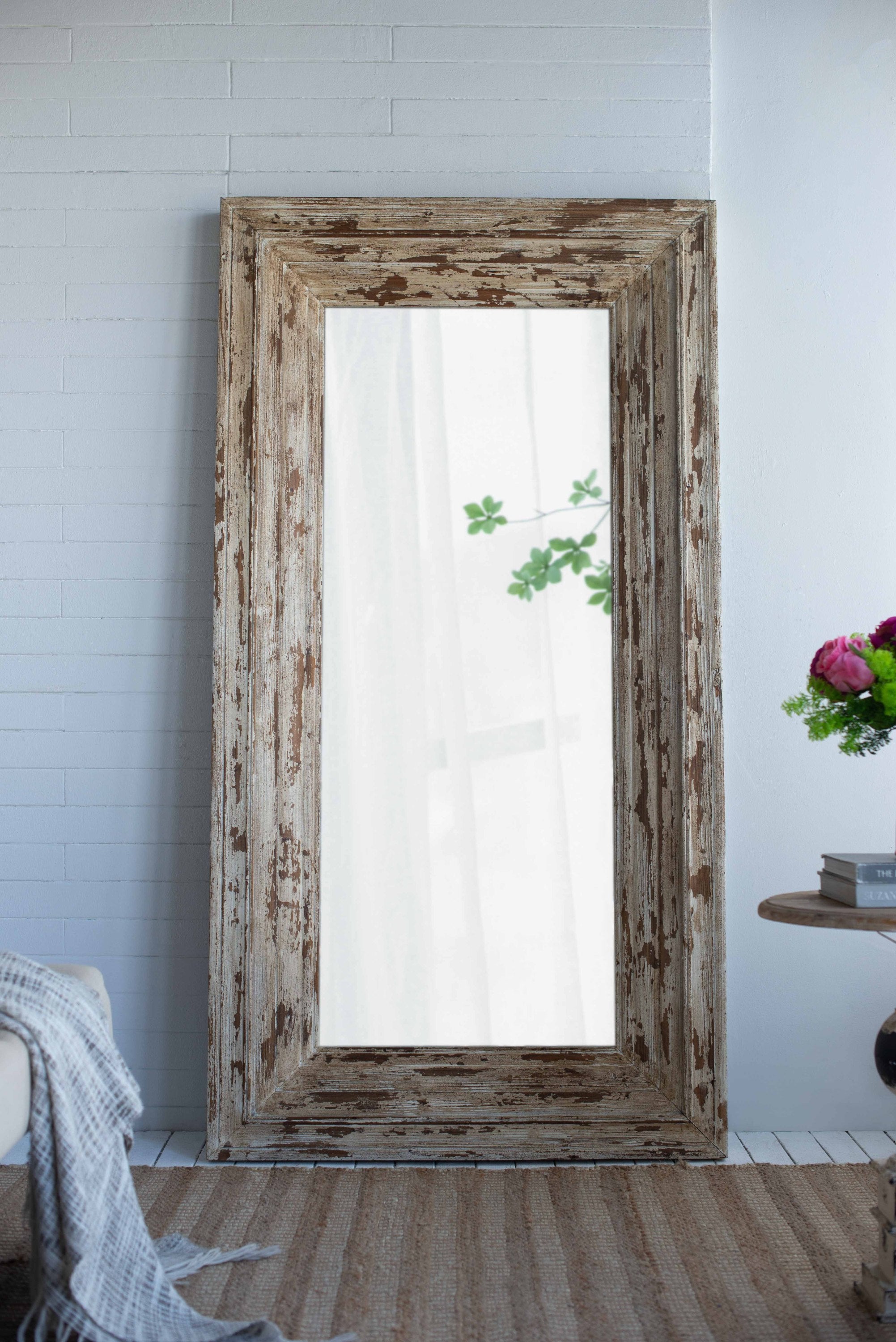 74.8" Rectangular Leaning Mirror with Distressed Wood Frame