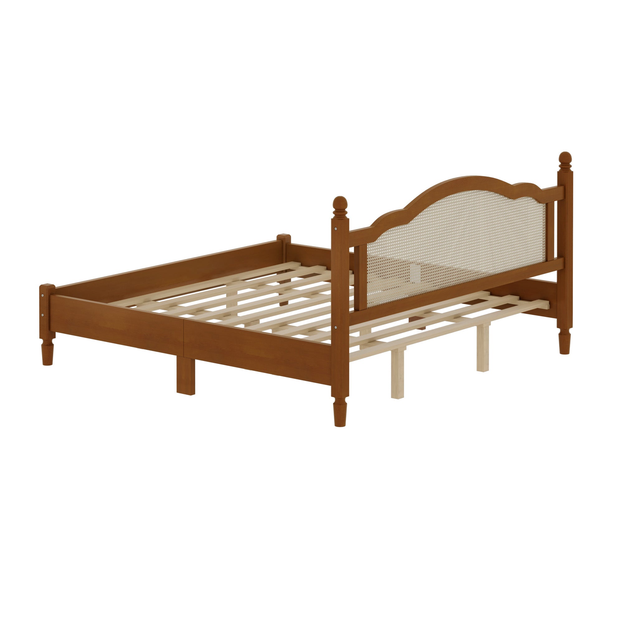 Side profile of walnut king bed frame showing headboard height and legs