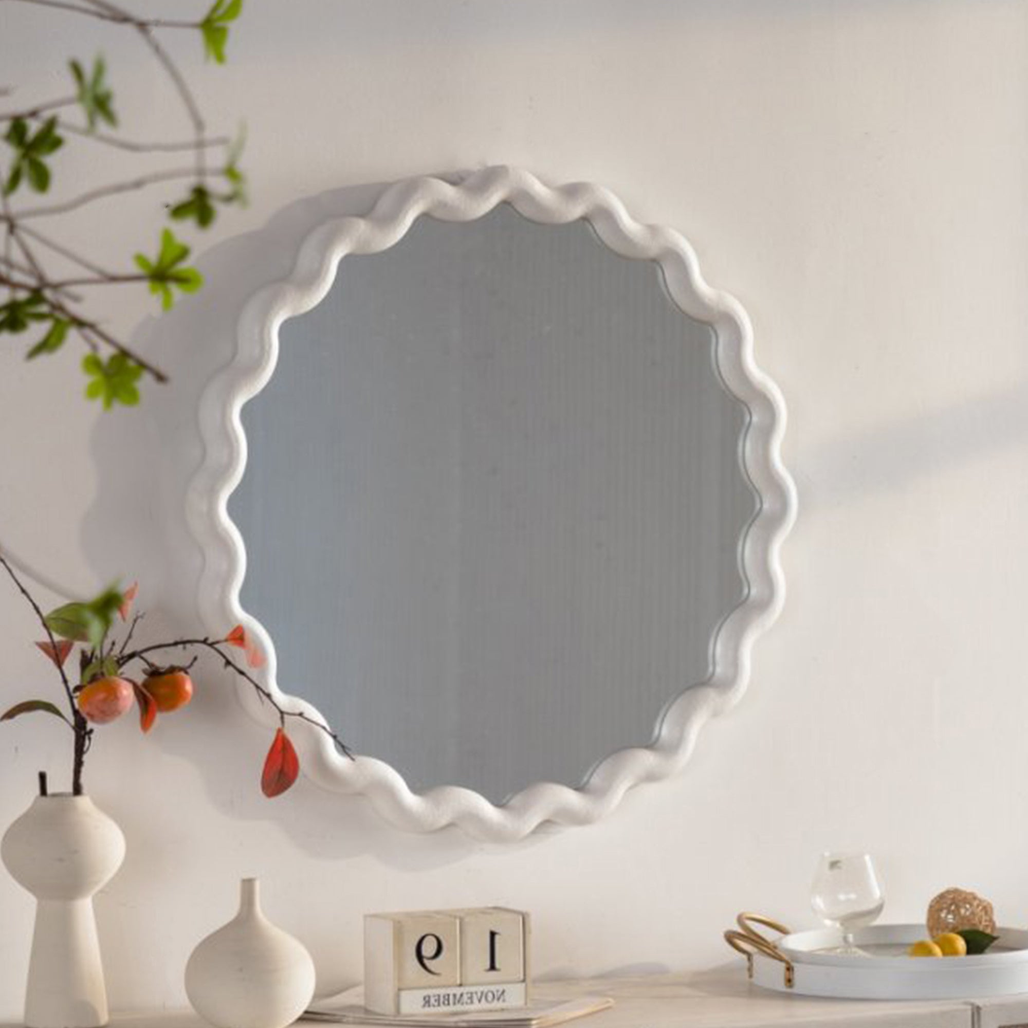 Scalloped Mirror, 28.15 in Wavy Frame, Cream White
