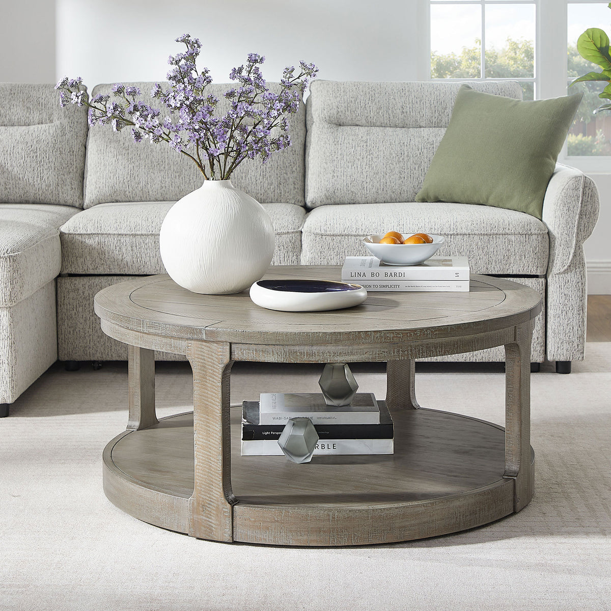 Light Brown Round Coffee Table, 40 in