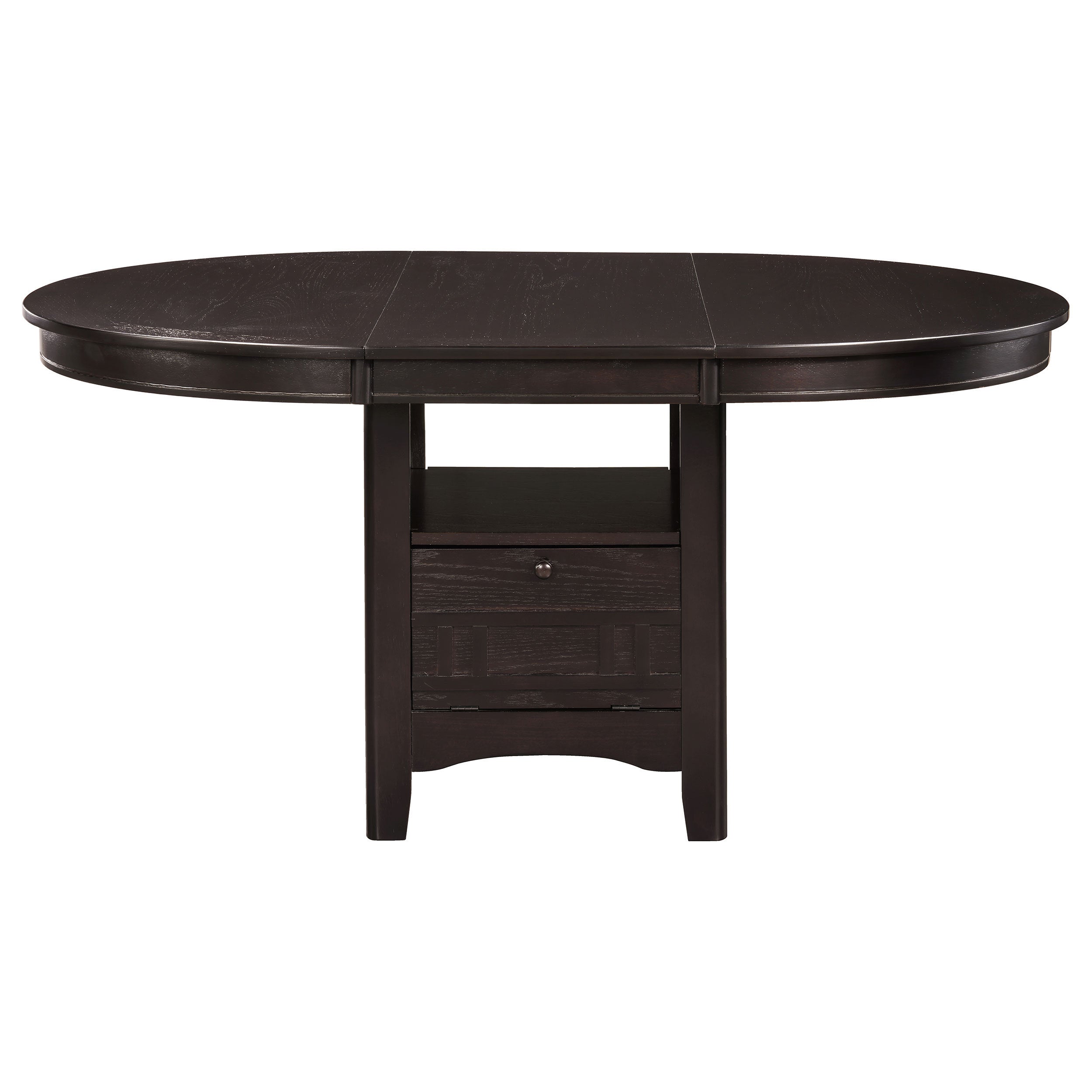 Espresso oval dining table, front view showing the pedestal drawer, white studio background