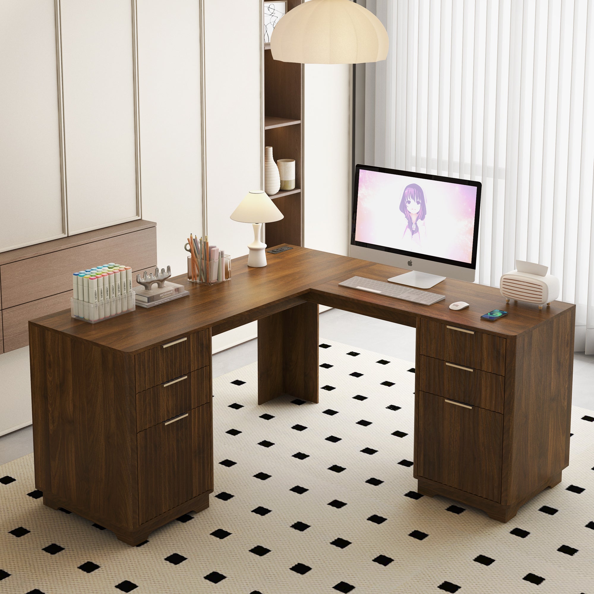 L-Shaped Modern Computer Desk with Charging Station, Workstation, 59.8 in