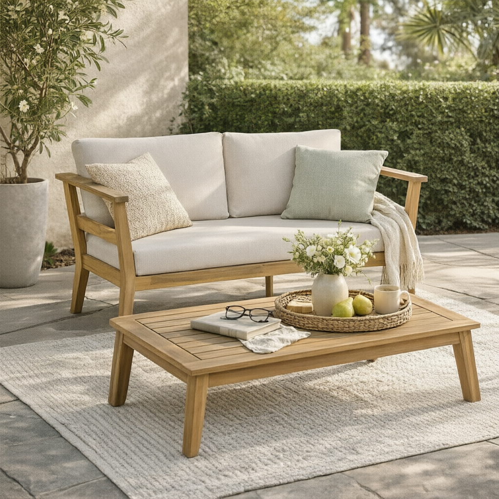 Teak Finish Solid Wood Outdoor Sofa Set for 2 with Beige Cushions