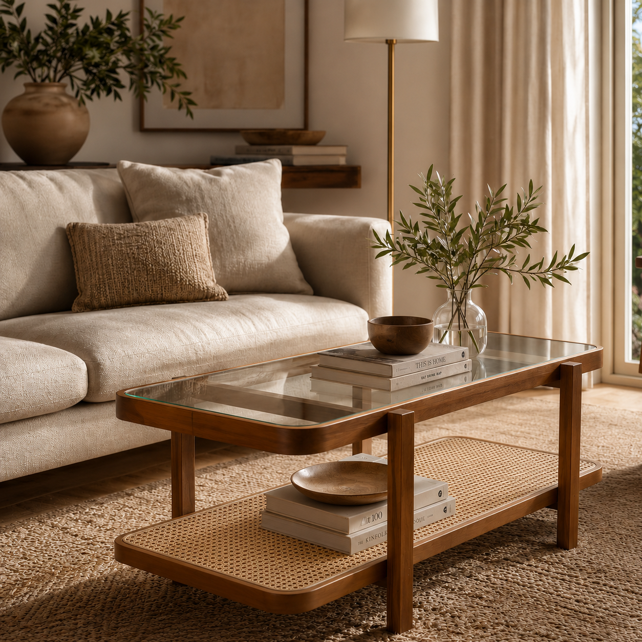 Solid Acacia Wood & Tempered Glass Coffee Table