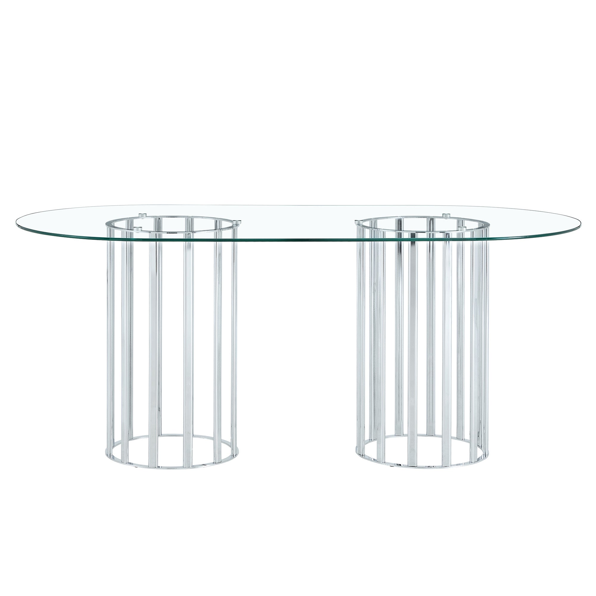 Front studio view of the oval glass dining table on a silver double-column base.