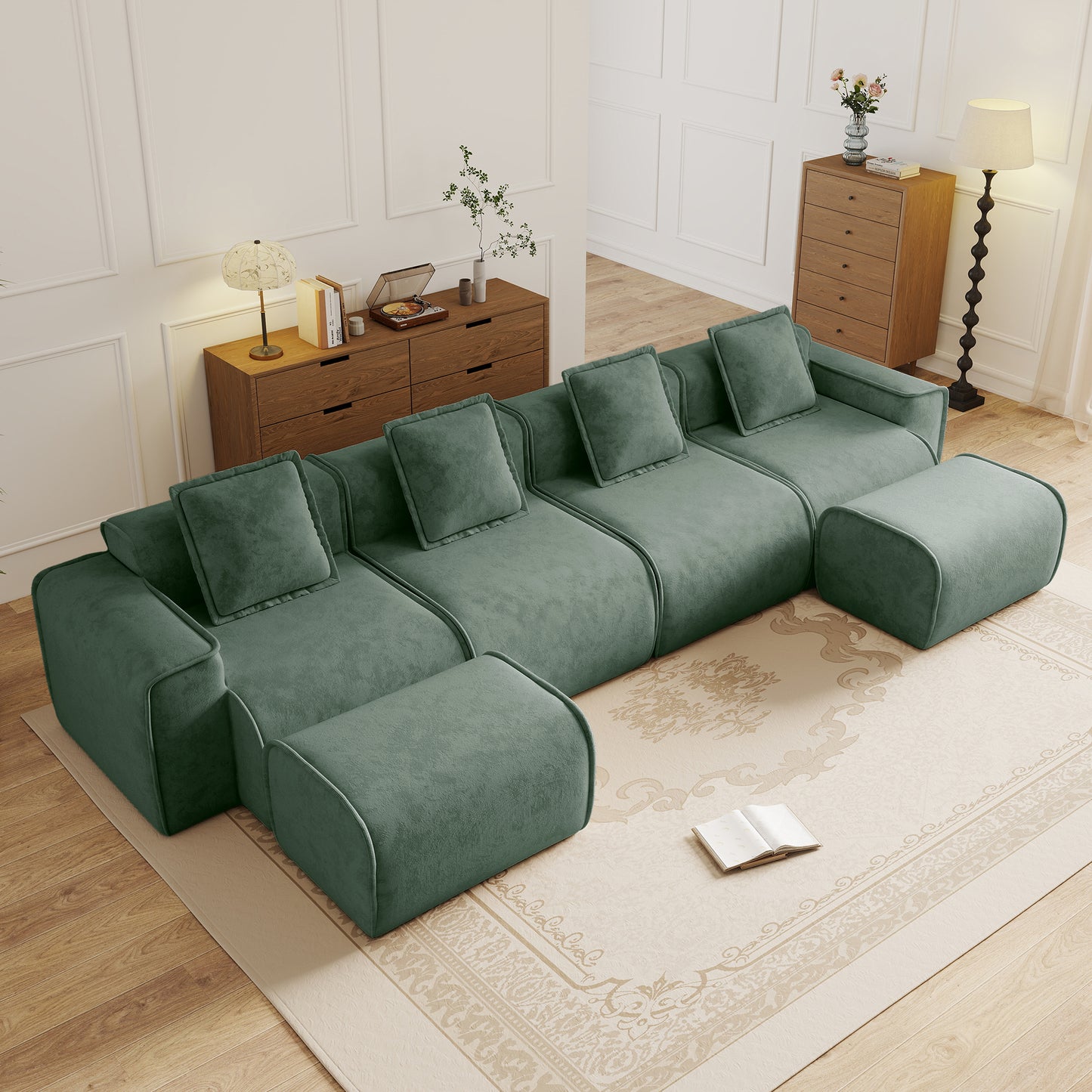 Seneca Boneless Couch - 4 Seater, 2 Ottomans, Olive
