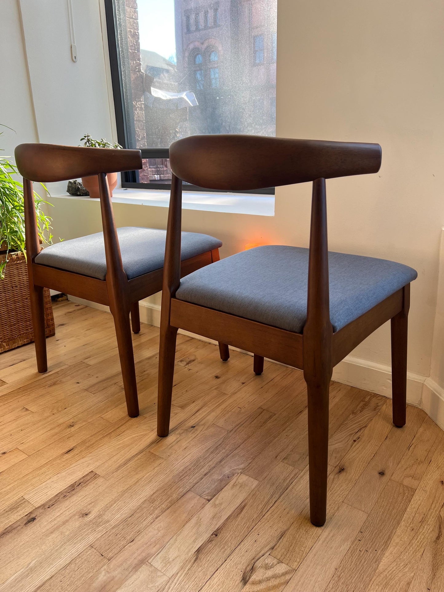 Midcentury Modern Dining Chair Set of 2 – Armless Solid Wood Chairs with Navy Upholstery