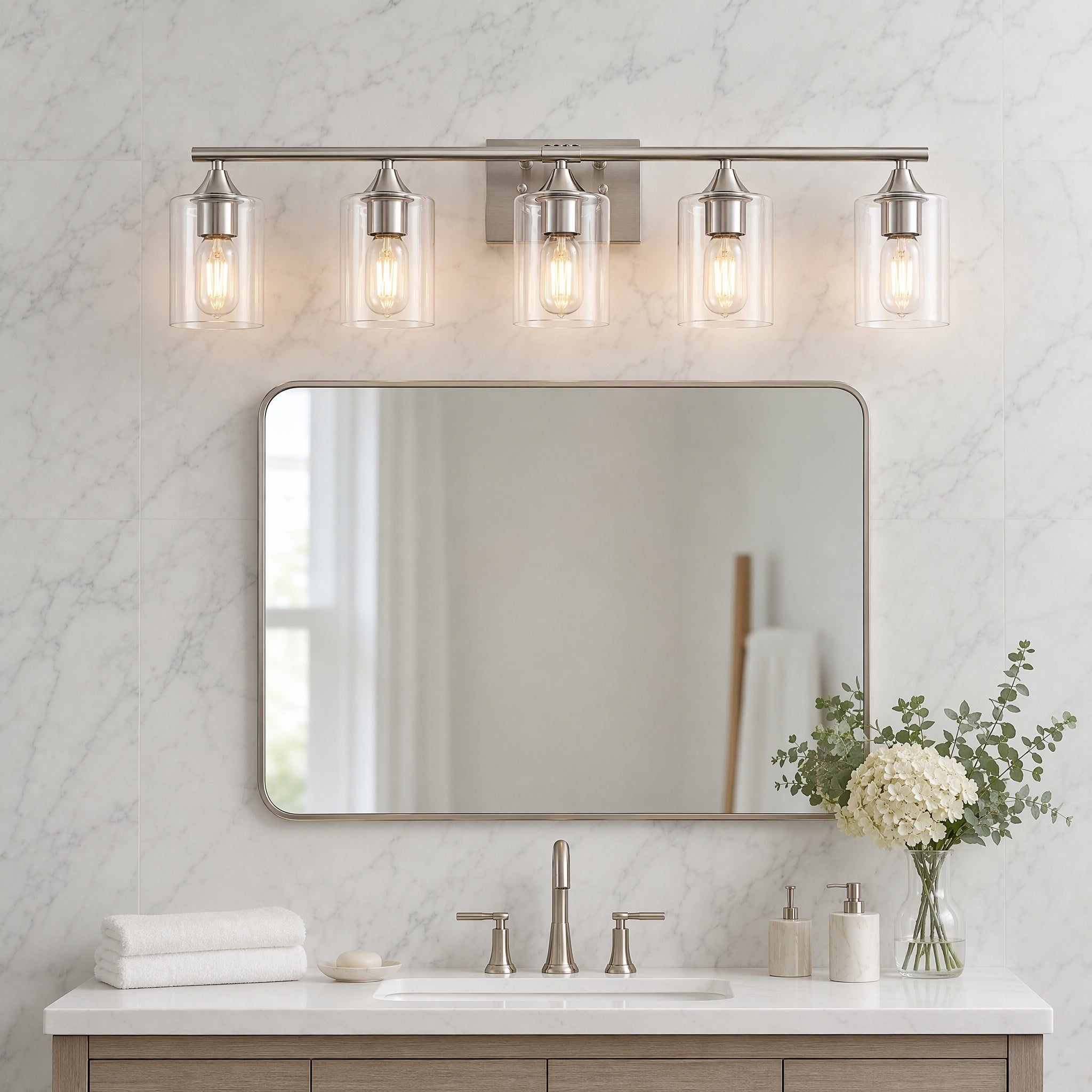 Vanity Light, 5-Light Glass Shades, Iron in Silver